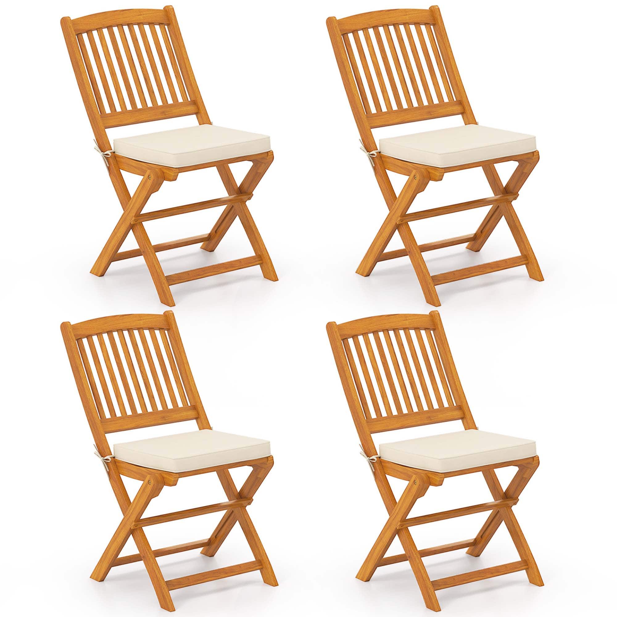 Costway - Outdoor Folding Chairs Set of 4 Acacia Wood High-Back Chair with Seat Cushions - Beige