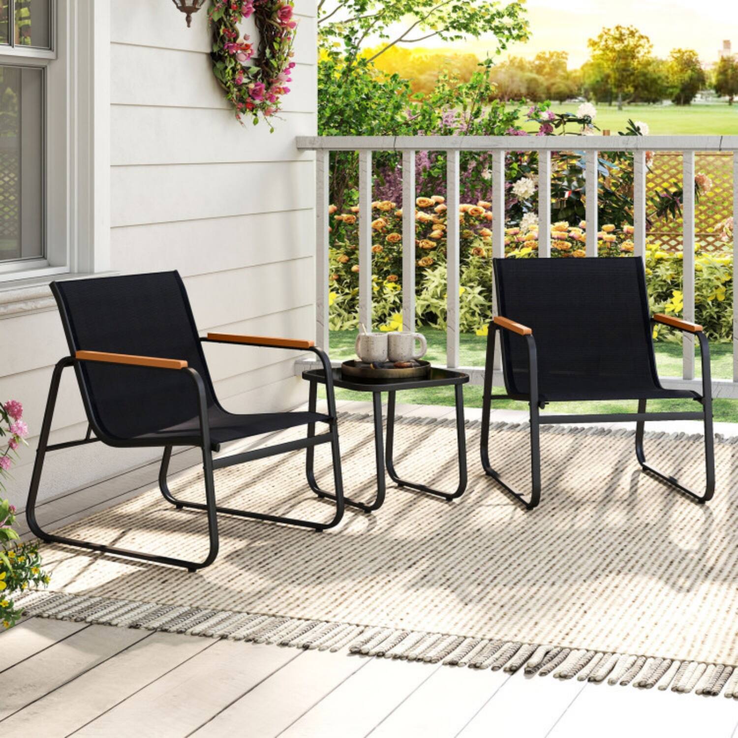 Angle. Mondawe - Compact Freestanding Patio Bistro Set with 2 Chairs and Tempered Glass Table 3-Piece - Black+Gray.