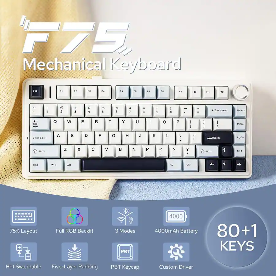 AULA F75 81 Key Wireless Hot Swappable Mechanical Gaming Keyboard, RGB ...