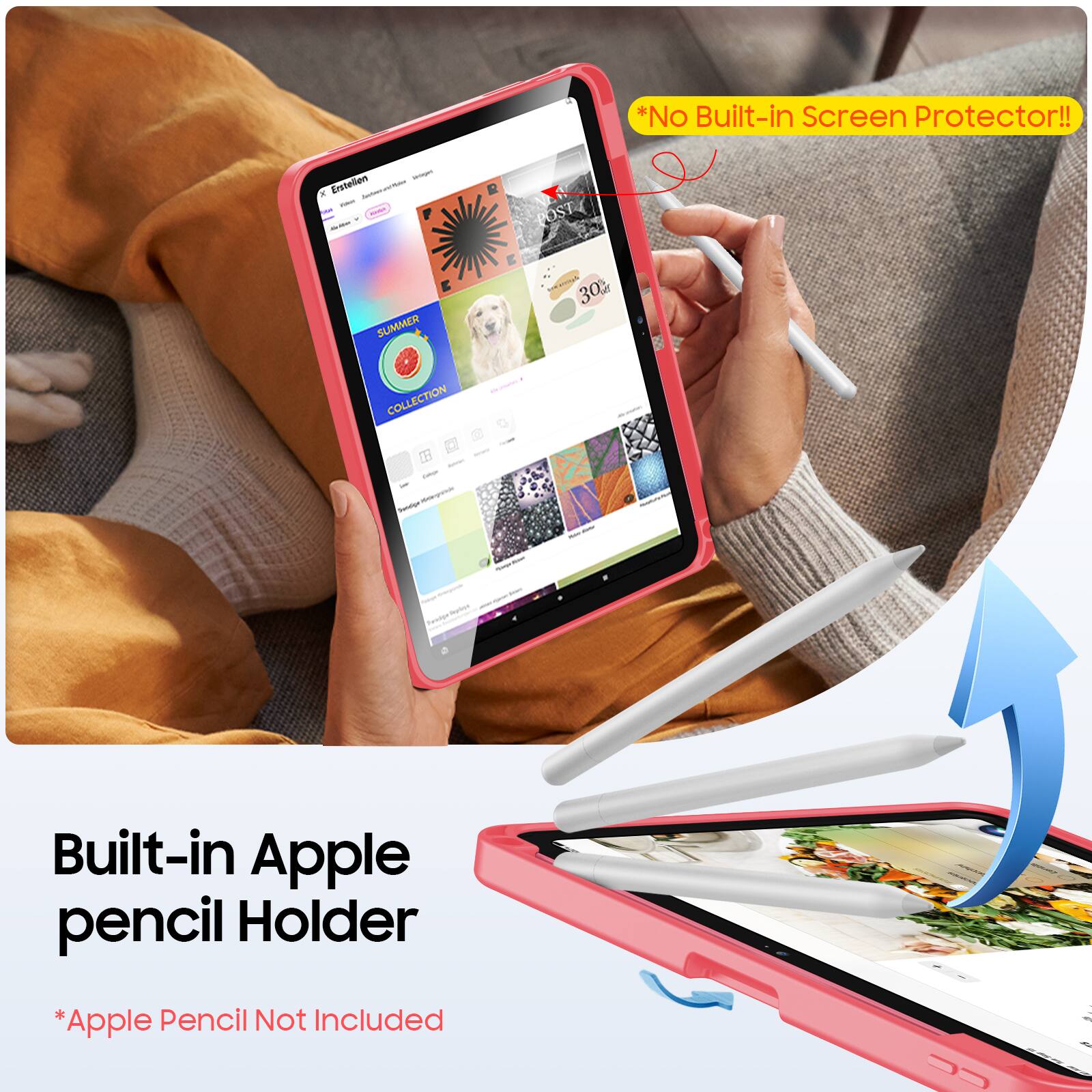 *No Built-in Screen Protector!!  
- a Estellen SAAcea I - i - - POST SUMMER Ts 30% COLLECTION - - # e ! - - - - - - : -  
Built-in Apple pencil Holder  
*Apple Pencil Not Included