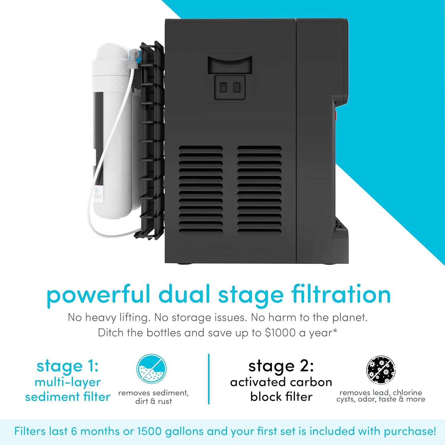 powerful dual stage filtration  
No heavy lifting. No storage issues. No harm to the planet.  
Ditch the bottles and save up to $1000 a year*  

stage 1:  
multi-layer sediment filter  
removes sediment, dirt & rust  

stage 2:  
activated carbon block filter  
removes lead, chlorine, cysts, odor, taste & more  

Filters last 6 months or 1500 gallons and your first set is included with purchase!