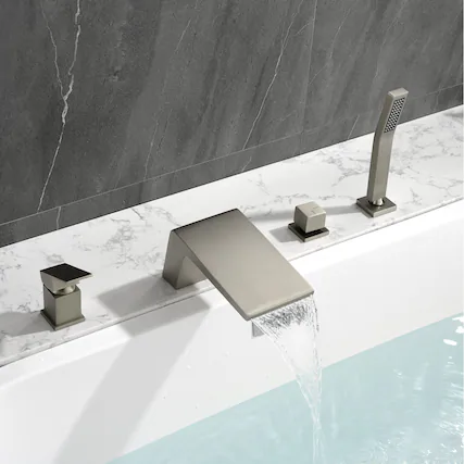 Front. Boyel Living - Flat Long-Shaped Waterfall Bath Tub Faucet with Hand Shower Hot and Cold Single Handle SUS304 Anti Fingerprint - Brushed Nickel.