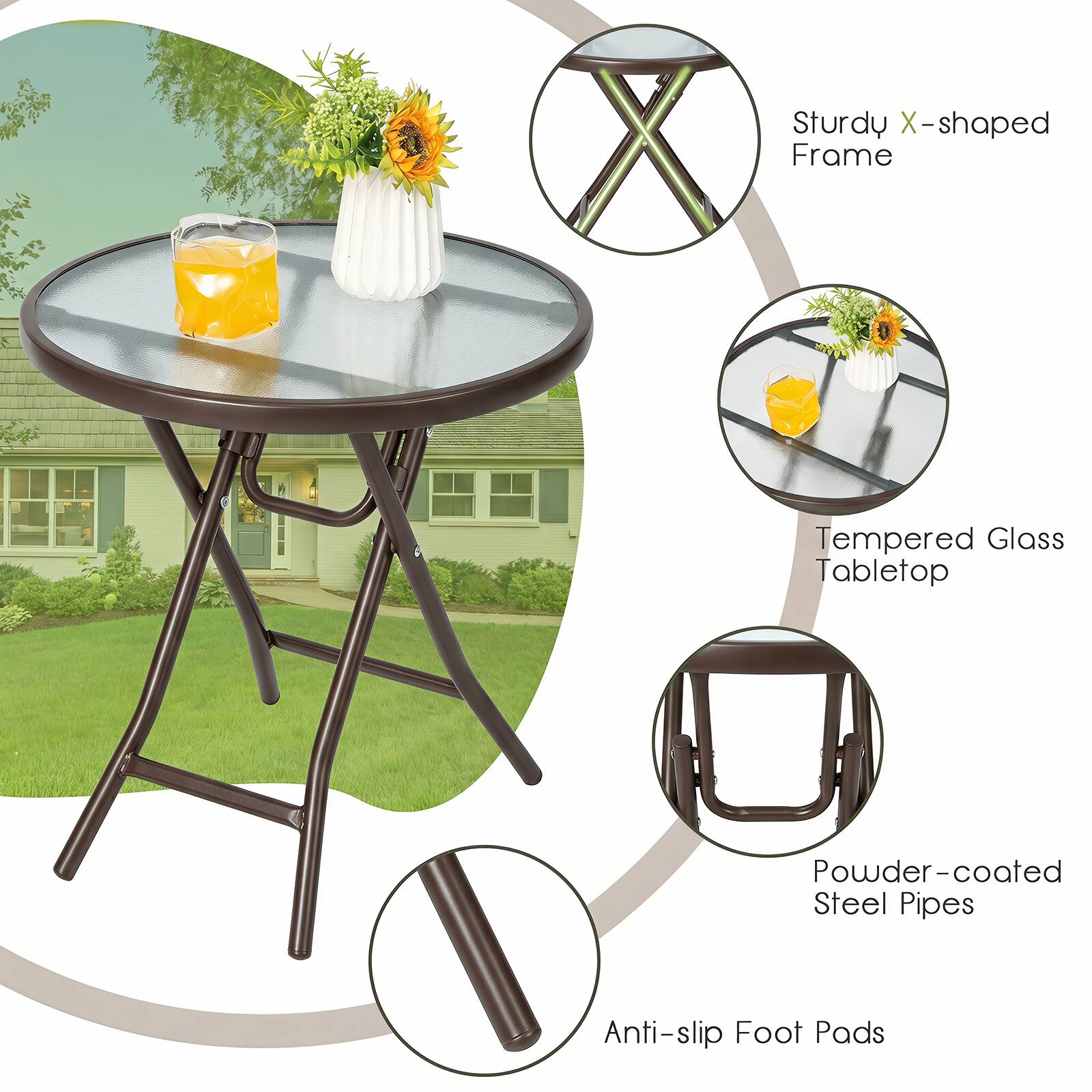 Sturdy X-shaped Frame  
Tempered Glass Tabletop  
Powder-coated Steel Pipes  
Anti-slip Foot Pads
