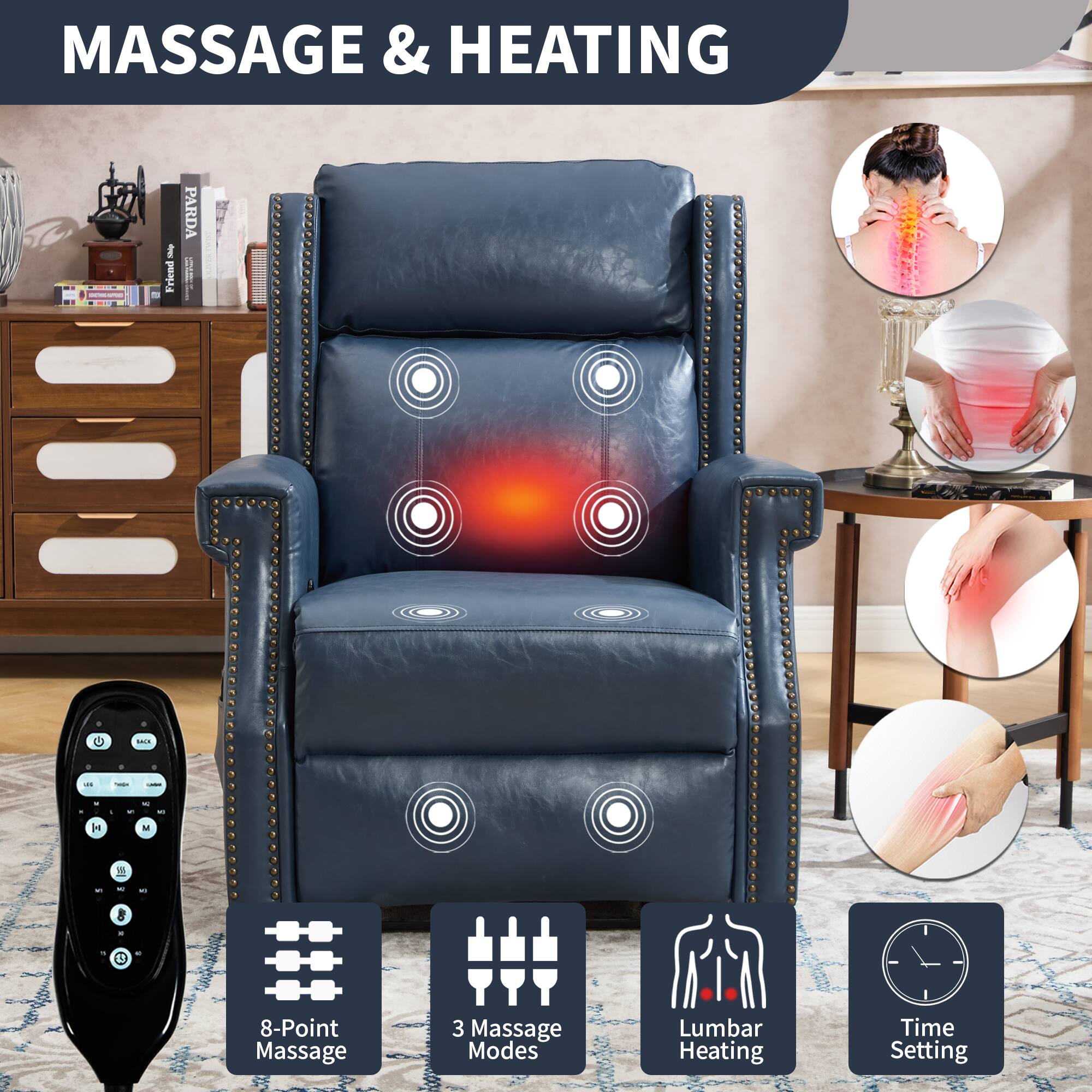 MASSAGE & HEATING

- 8-Point Massage
- 3 Massage Modes
- Lumbar Heating
- Time Setting