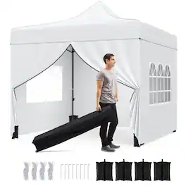 Costway - 10 x 10 FT Pop up Canopy Tent with 4 Removable Sidewalls, Wheeled Bag, Sandbags - Whie
