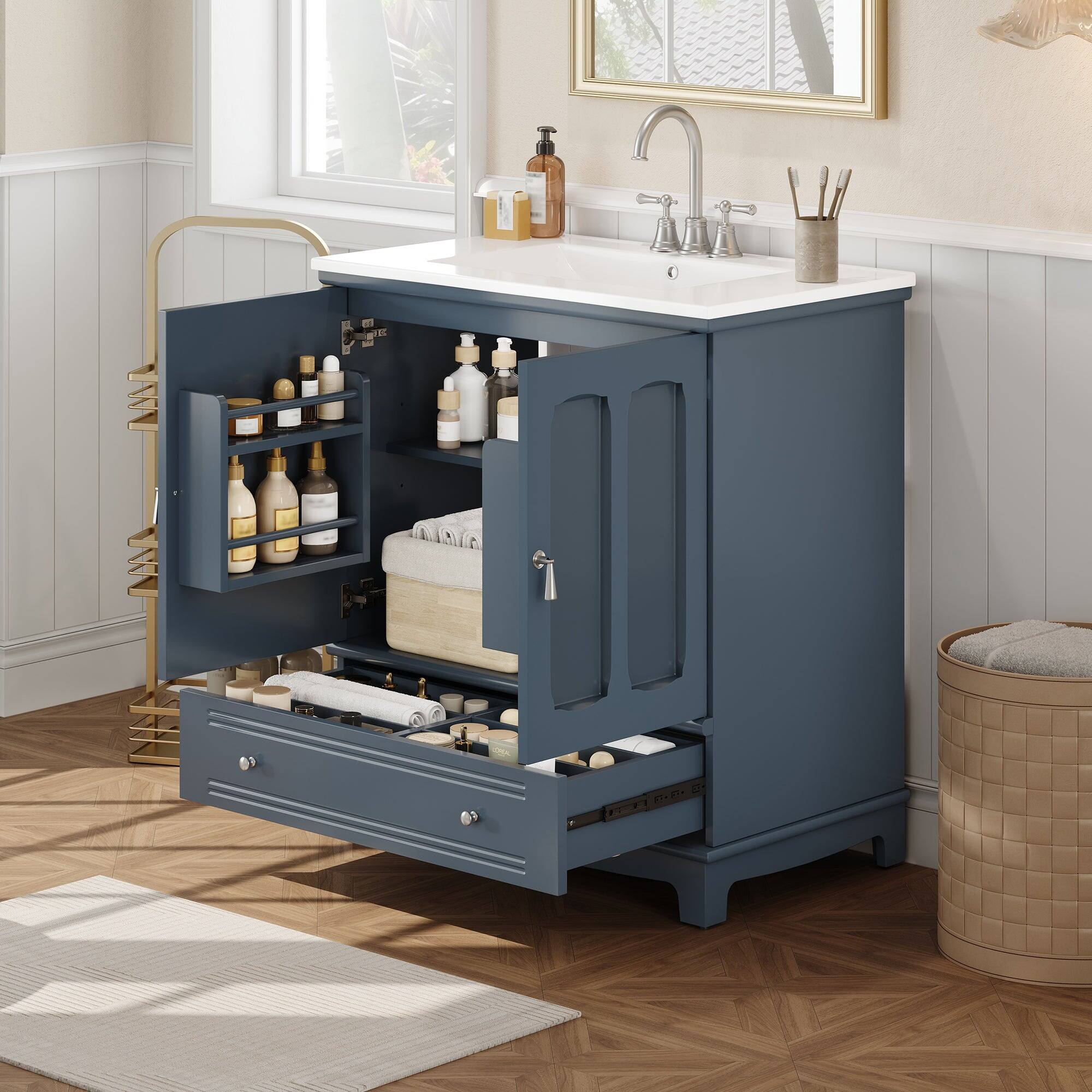 Alt View 5. Boyel Living - 30 Inch Bathroom Vanity with Ceramic Sink and Adjustable Shelf Blue - Blue.