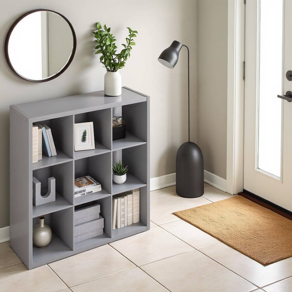 Angle. FurniFact - Light Grey 9 Cube Storage Organizer with Open Back and Modern Wood Design - Light Grey.