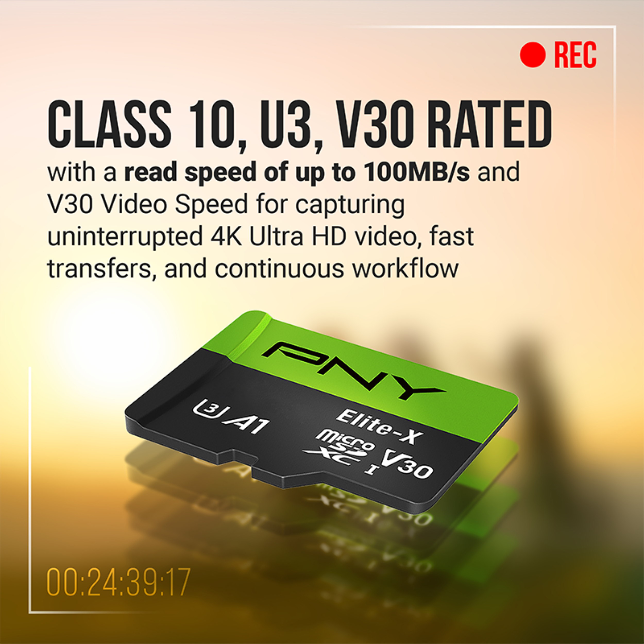 REC CLASS 10, U3, V30 RATED with a read speed of up to 100MB/s and V30 Video Speed for capturing uninterrupted 4K Ultra HD video, fast transfers, and continuous workflow

PNY Elite-X microSDXC U3 A1 V30

00:24:39:17