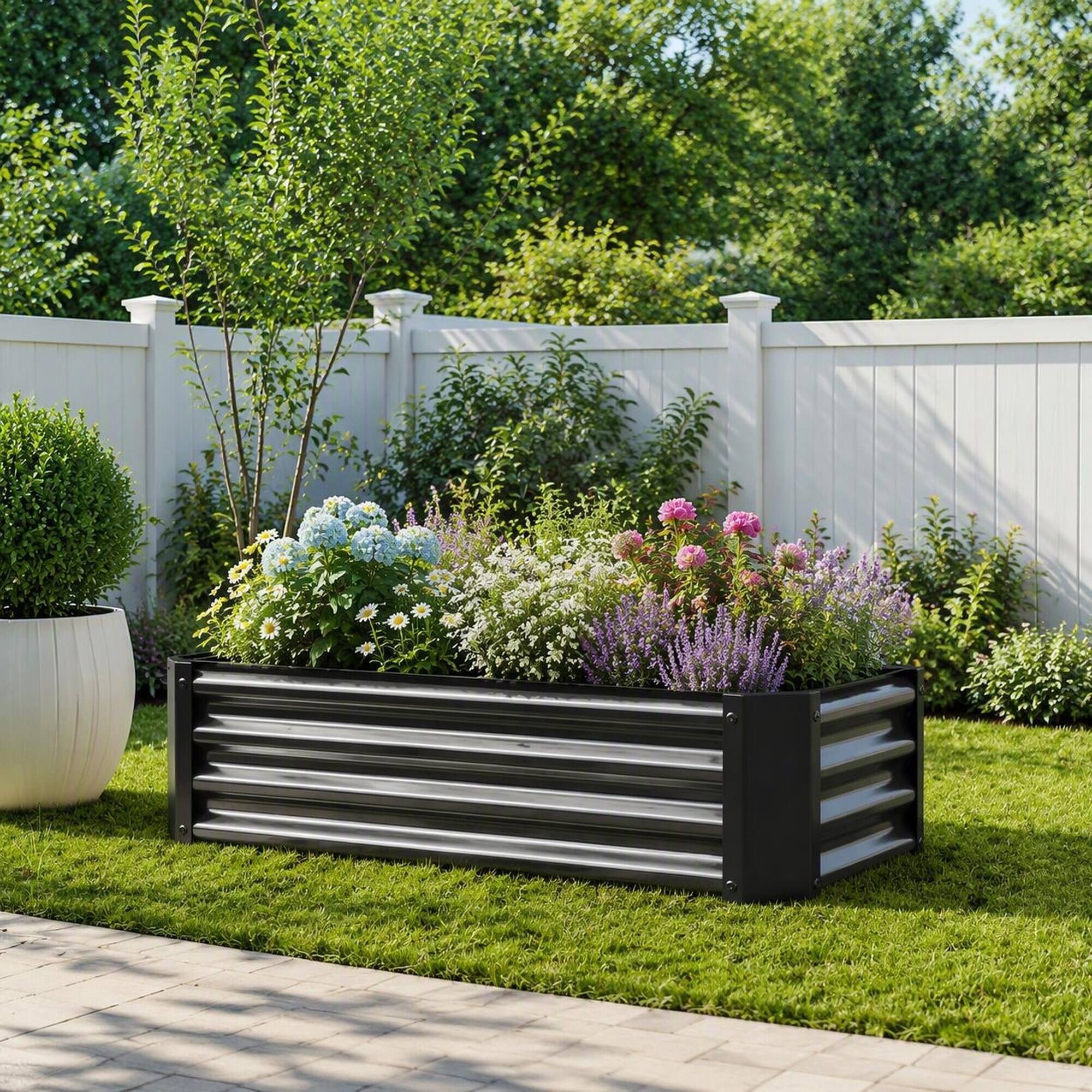 Back. RYHNUYNE - 2-Pack Black Metal Rectangular Raised Garden Beds 4x2x1 ft for Vegetables, Flowers and Herbs - Black.