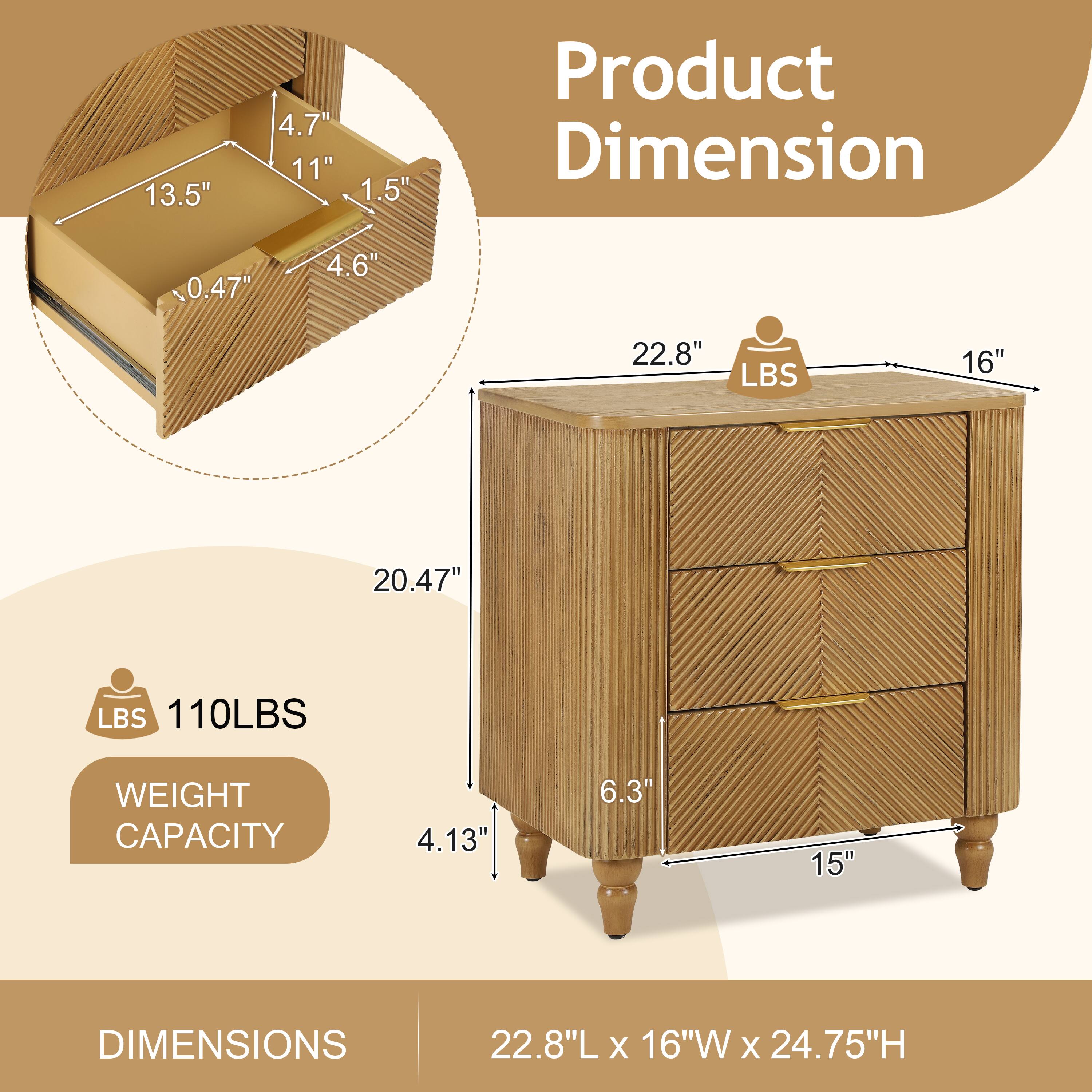 13.5" x 4.7" x 11" x 1.5" Product Dimension  
0.47" x 4.6"  
22.8" LBS  
16" x 20.47" LBS  
110LBS WEIGHT CAPACITY  
4.13" x 6.3" x 15"  
DIMENSIONS: 22.8"L x 16"W x 24.75"H