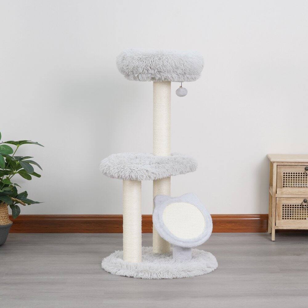 Left. PetPals - Rockview Cozy 2-Level Scratching Post Cat Tree - Gray.