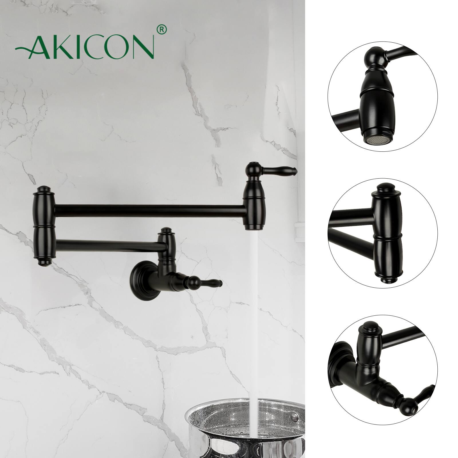 Alt View 2. Akicon - Akicon Wall-Mounted Solid Brass Pot Filler Kitchen Faucet with Dual Joint Swing Arms for Stovetop in Matte Black - Matte Black.
