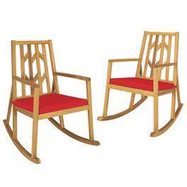 Costway - 2 PCS Patio Rocking Chair Acacia Wood Armrest Cushioned Sofa Garden Deck - Red