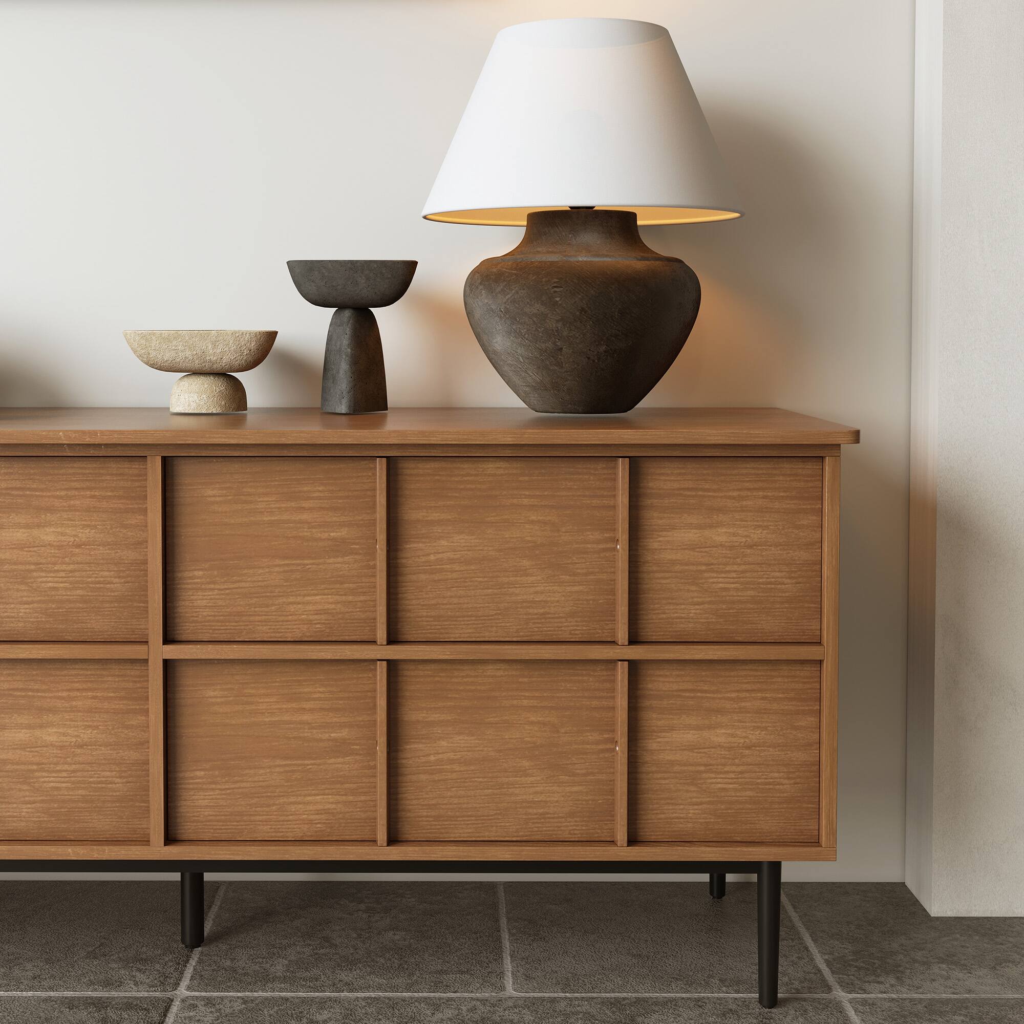 Alt View 1. luck idea - 86.61" Modern TV Stand with Multi Drawers, Metal Legs, Ventilation Holes - Walnut Color.