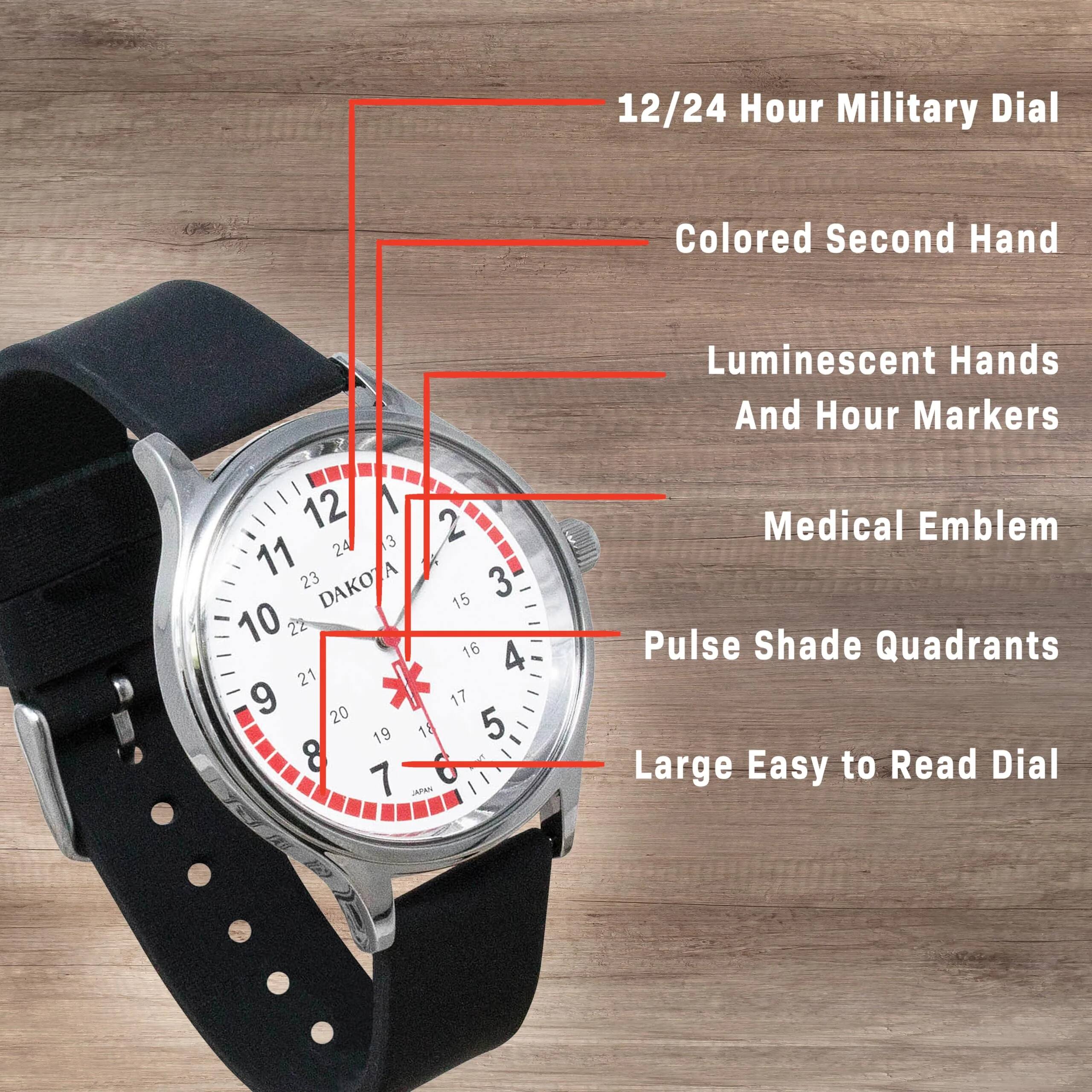 12/24 Hour Military Dial  
Colored Second Hand  
Luminescent Hands And Hour Markers  
Medical Emblem  
Pulse Shade Quadrants  
Large Easy to Read Dial