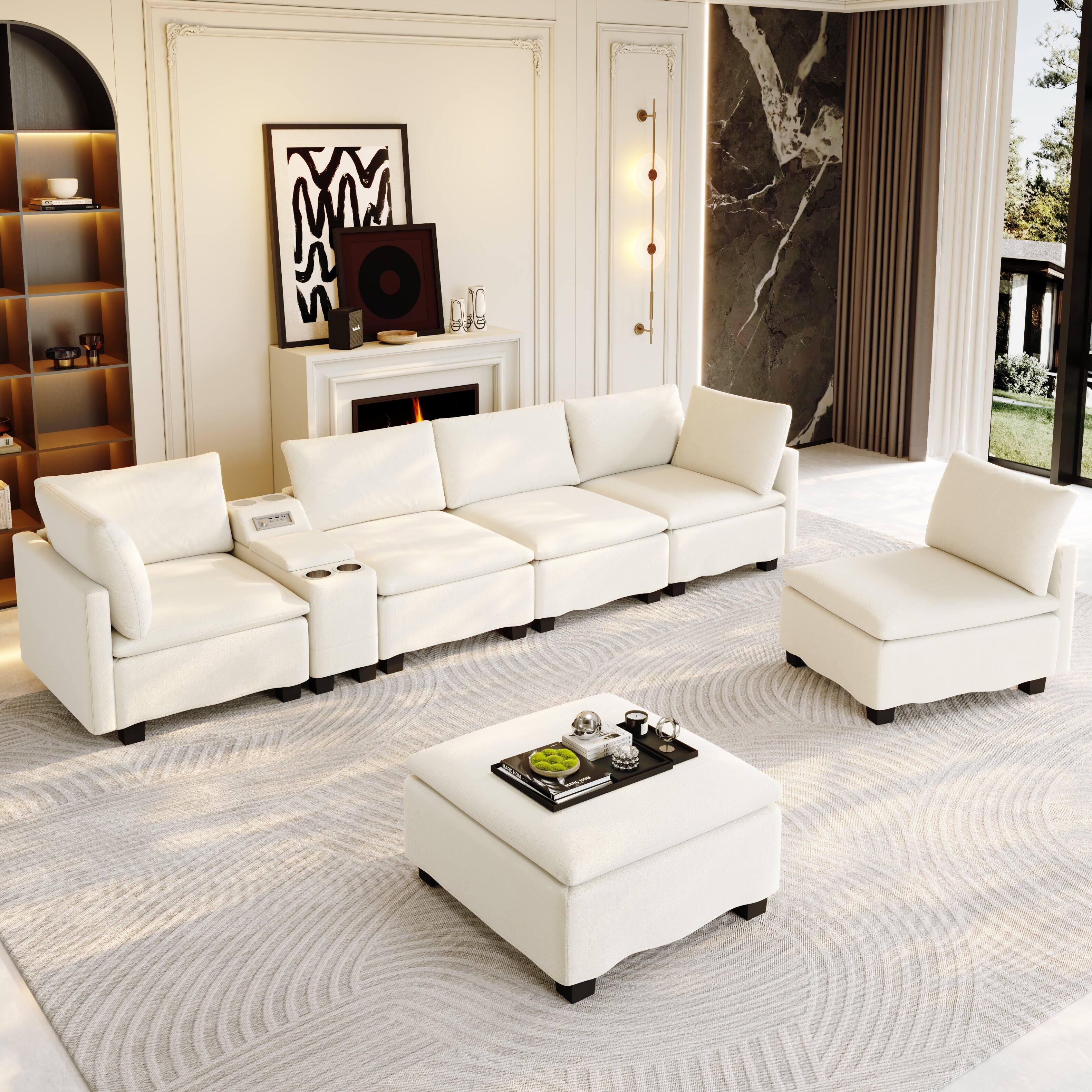 Angle. Anysun - 121.2" Modular U-Shaped Cloud Sectional Sofa with Movable Ottoman, Hidden Storage, Cup Holders & Bluetooth Speaker - Beige White.