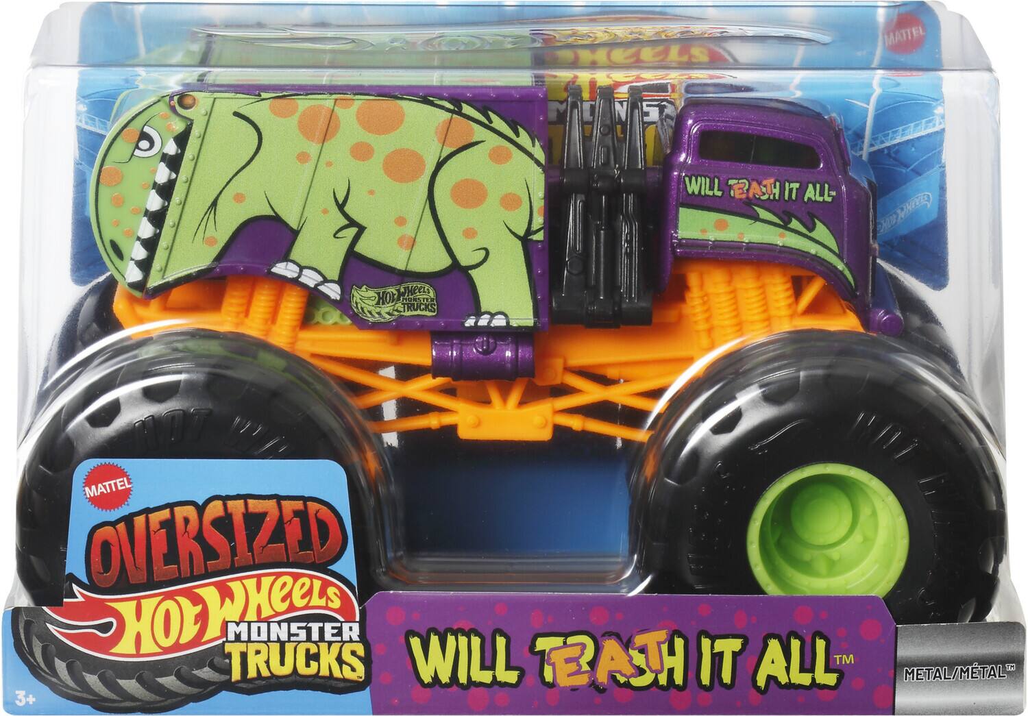 SHELLS MATTEL N WILL BATH IT ALL - MHI SHEL HOY PURT CTRUCKS 117 MATTEL OVERSIZED HOE KeeLS MONSTER TRUCKS WILL TBATH IT ALL TM 3+ METAL/MTAL

Corrected text:
MATTEL OVERSIZED Hot Wheels MONSTER TRUCKS WILL TEASH IT ALL™ 3+ METAL/METAL™