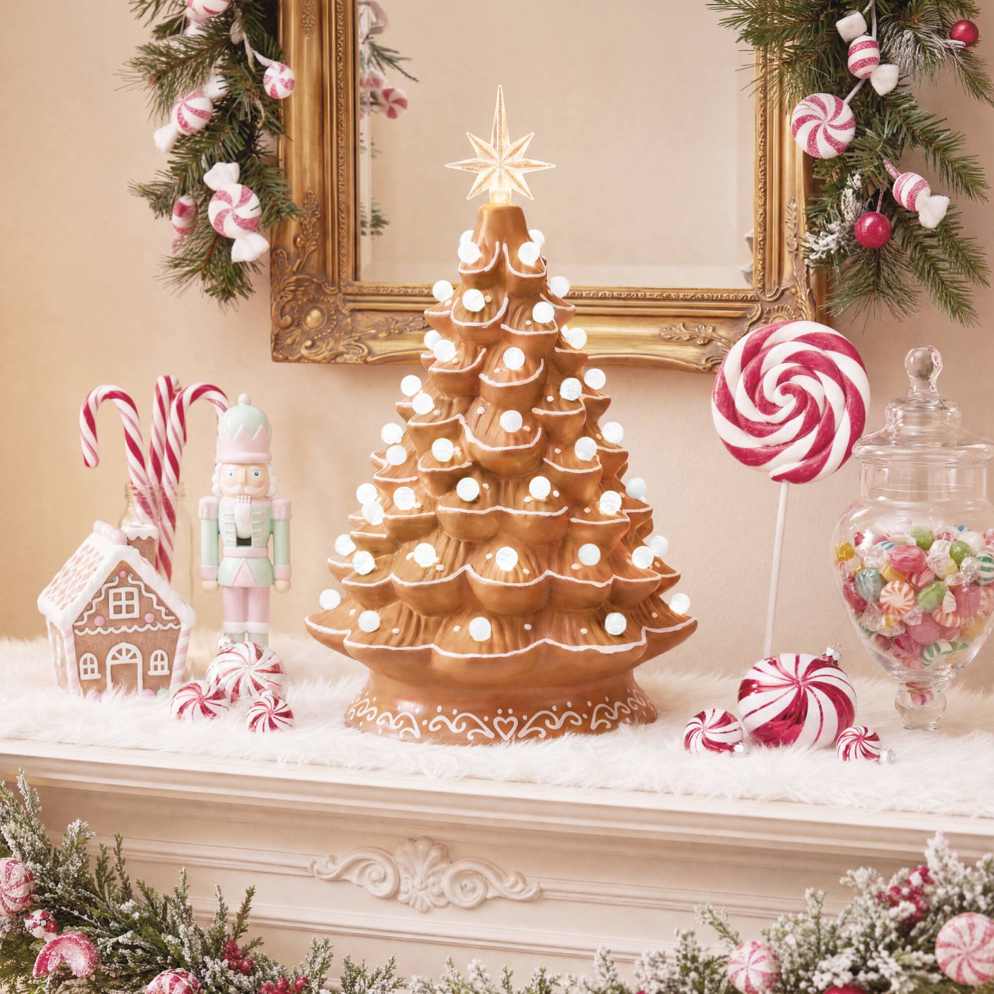Alt View 7. Best Choice Products - Best Choice Products 15in Ceramic Christmas Tree, Pre-lit Hand-Painted Tabletop Holiday Tree, Gingerbread w/ White - Gingerbread + White.