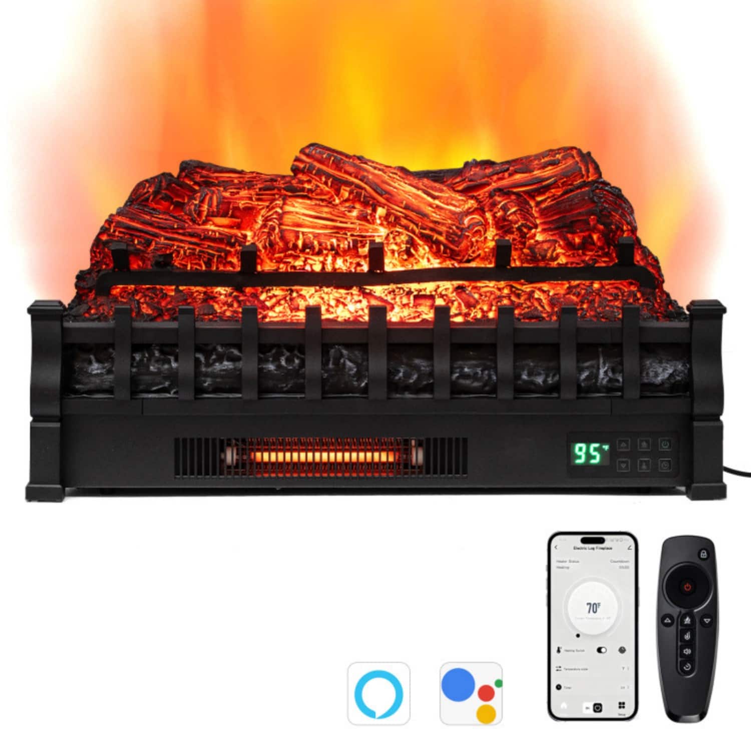 LUCKY ONE - 26 Inch Smart WiFi Infrared Electric Fireplace Insert with Pine Logs & 5 Flame Colors - Black