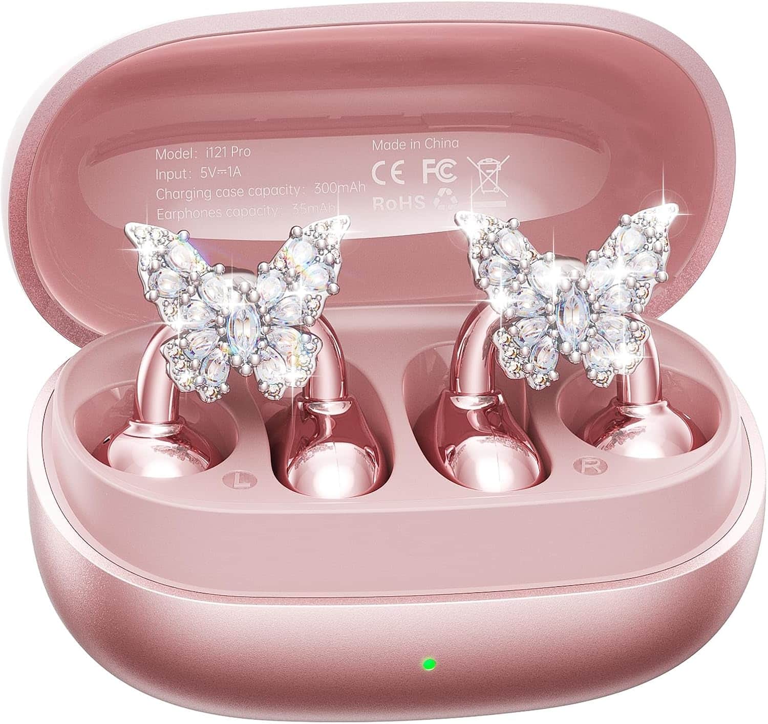 PRIMEPLUS - Clip-On Open Earbuds with Detachable Crystal Earrings, Bluetooth 5.4 Wireless Fashion Headphones, Comfort Earphones - Rose Gold