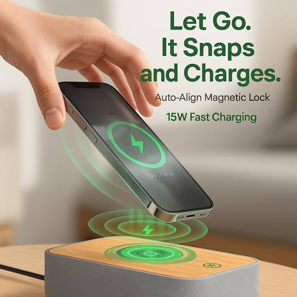 Let Go.  
It Snaps and Charges.  
Auto-Align Magnetic Lock  
15W Fast Charging
