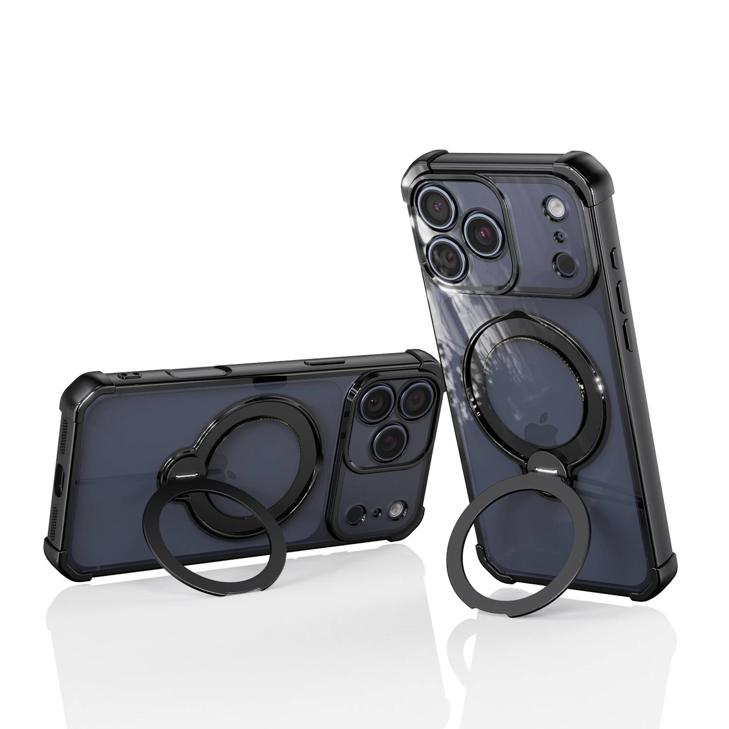 Angle. Dteck - Shockproof Clear Phone Case for Apple iPhone 18 Pro, Rugged Magnetic Protective Cover with 360 Rotating Ring Stand - Black.
