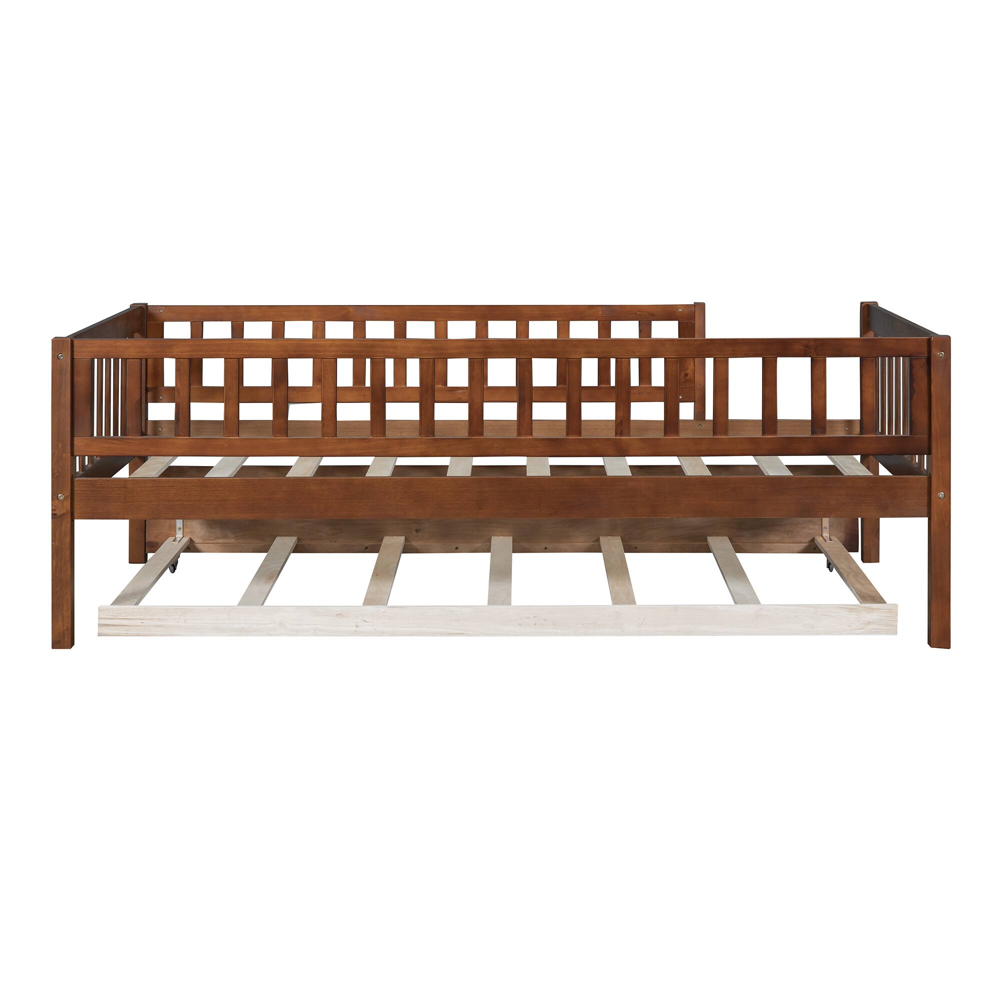 Alt View 2. Tiramisubest - Twin Size Wood Daybed with Trundle and Fence Guardrails, Walnut - Walnut.