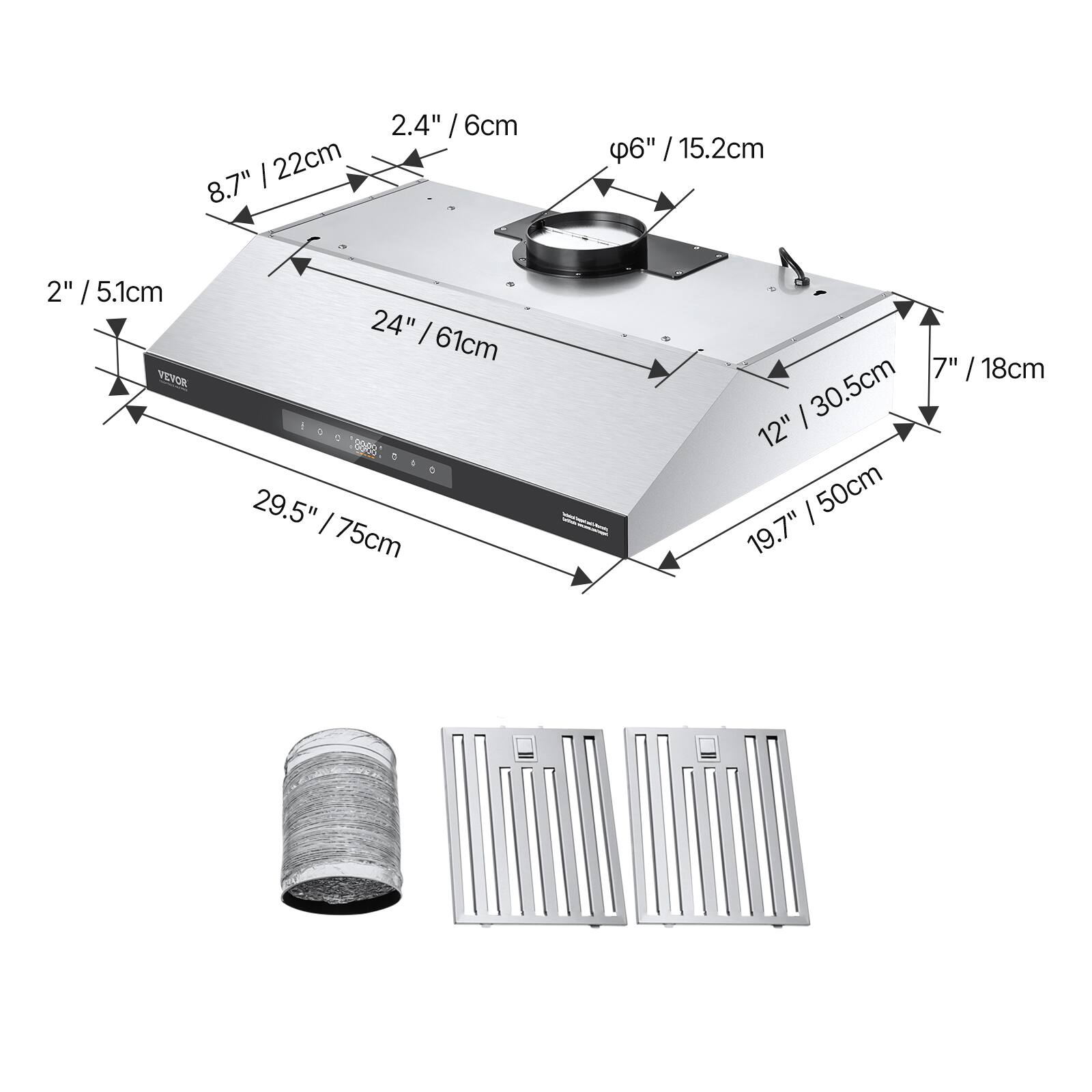 - 2" / 5.1cm
- 8.7" / 22cm
- 2.4" / 6cm
- 24" / 61cm
- 29.5" / 75cm
- 19.7" / 50cm
- 12" / 30.5cm
- 7" / 18cm
- φ6" / 15.2cm