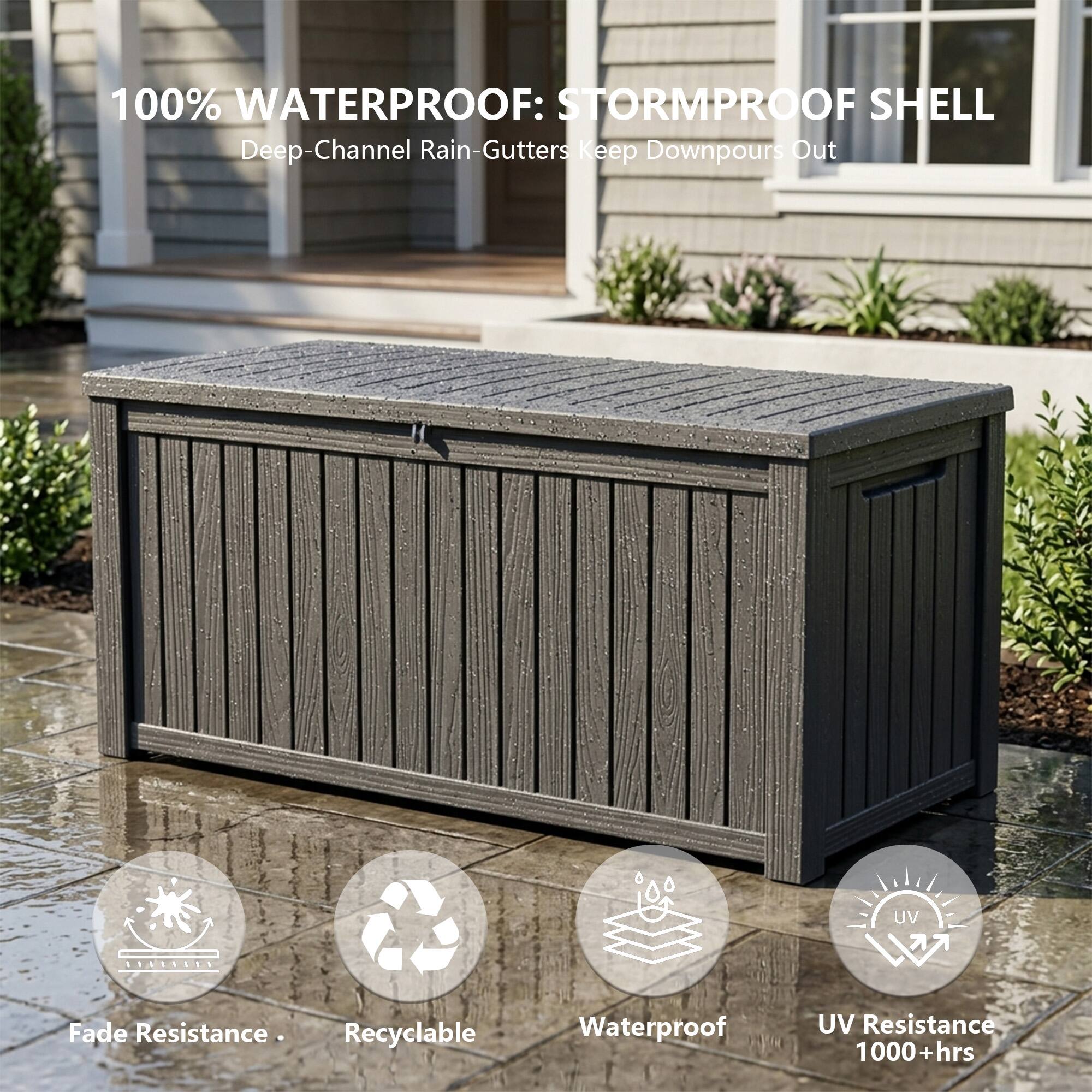 100% WATERPROOF: STORMPROOF SHELL  
Deep-Channel Rain-Gutters Keep Downpours Out  

- UV Fade Resistance  
- Recyclable  
- Waterproof  
- UV Resistance 1000+ hrs