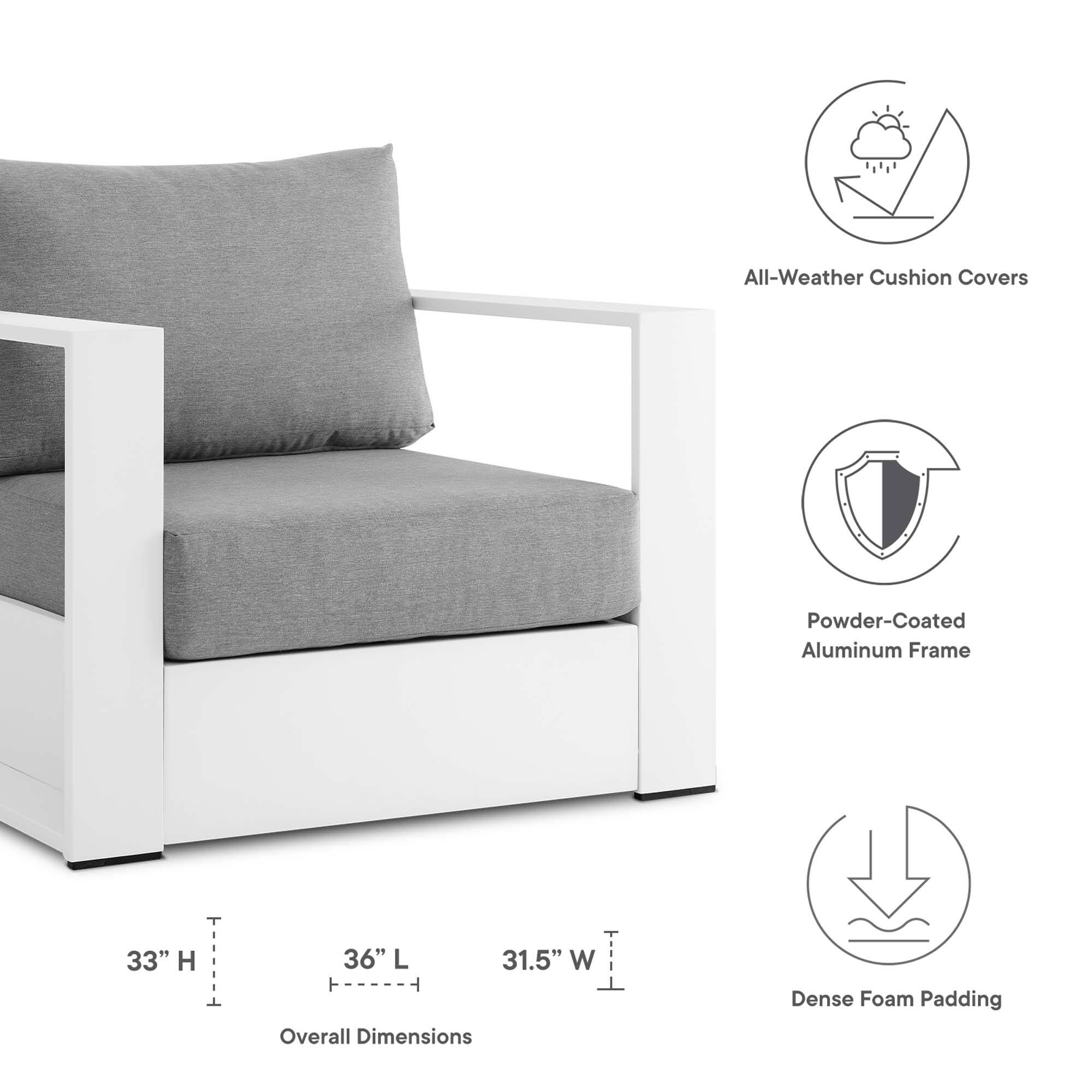 All-Weather Cushion Covers  
Powder-Coated Aluminum Frame  
33" H x 36" L x 31.5" W  
Overall Dimensions  
Dense Foam Padding