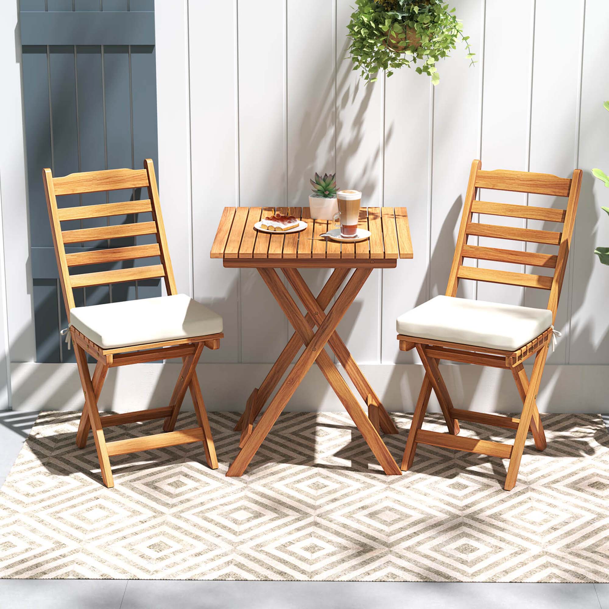 Alt View 1. Costway - 3-Piece Folding Bistro Set with Removable Seat Cushions Outdoor Table and Chairs - Natural,Off-White.