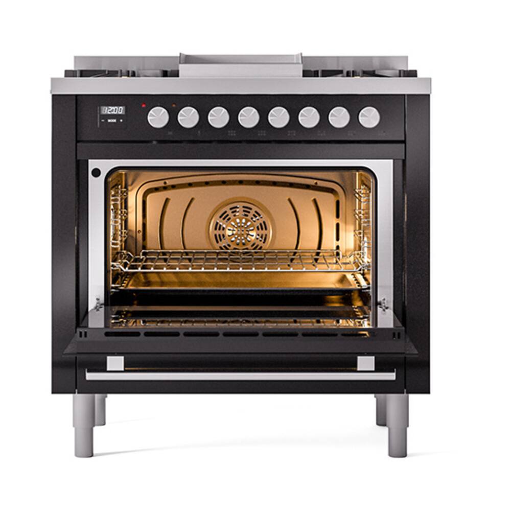 Alt View 4. ILVE - ILVE Professional Plus II Series 36 in. Dual Fuel Range with 6 Sealed Burners + Griddle (Natural Gas, Satin Trim) - Glossy Black.