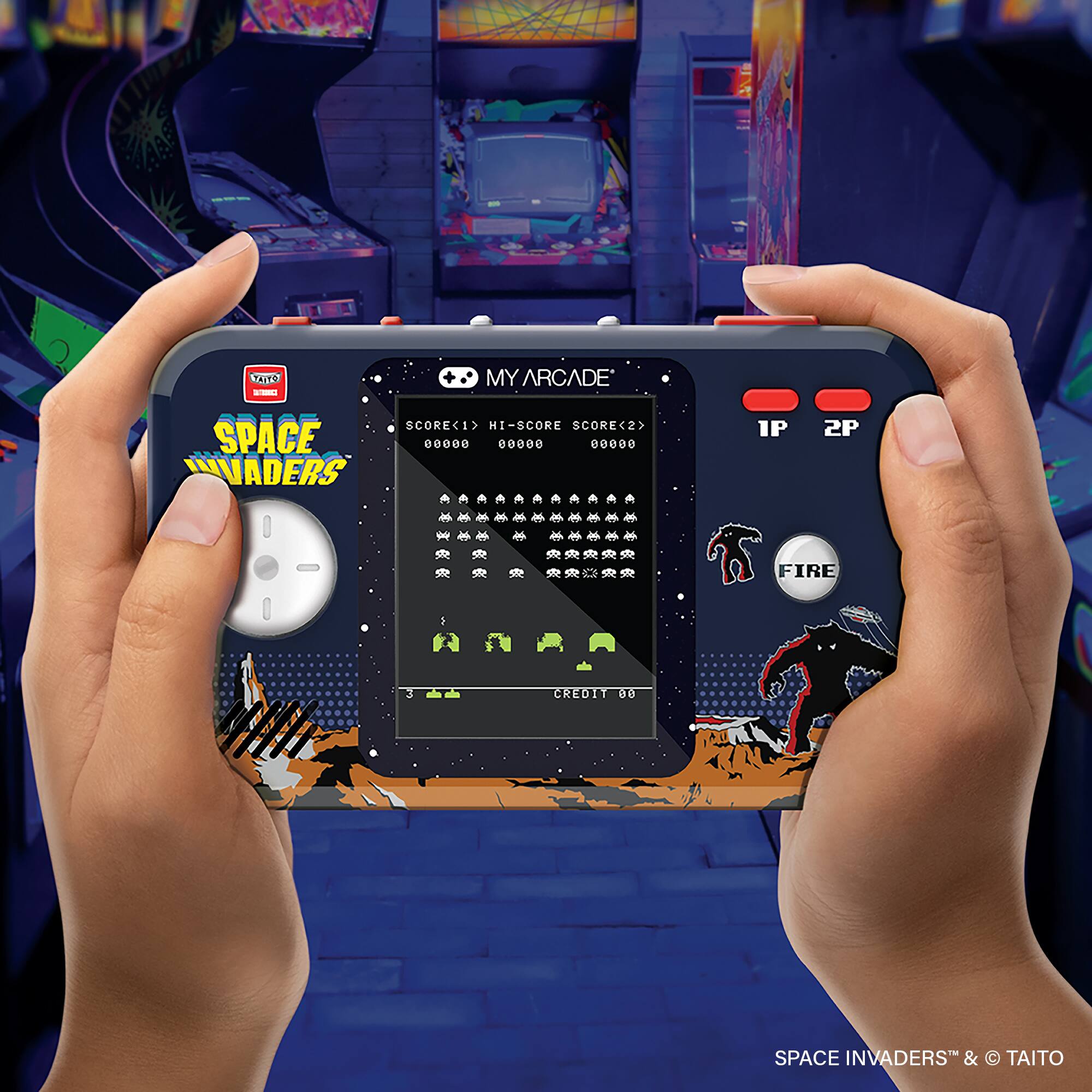 Sure, here is the corrected and grouped text from the image:

---

**MY ARCADE**

**SPACE INVADERS**

**SCORE(1)** 00000  
**HI-SCORE** 00000  
**SCORE(2)** 00000  

**1P**  
**2P**  

**CREDIT 06**  

**FIRE**  

**SPACE INVADERS™ & © TAITO**  

---