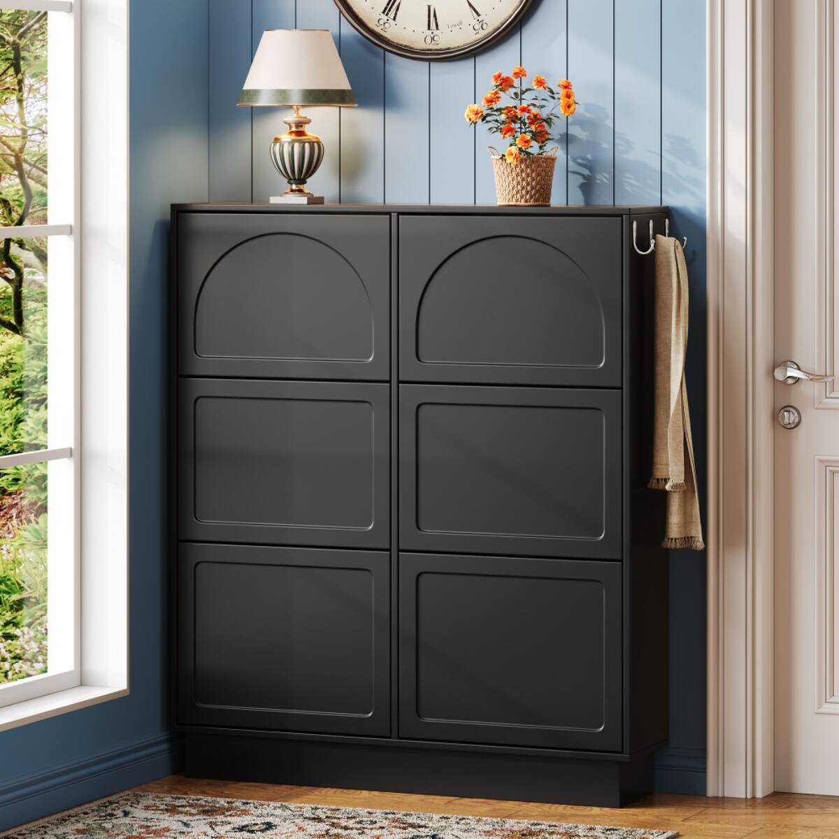 Angle. HTUTWOO - Narrow Tipping Bucket Shoe Cabinet with 6 Flip Drawers Adjustable Shelves,3 Hooks & Anti-Tip Design for Home & Apartment - Black.