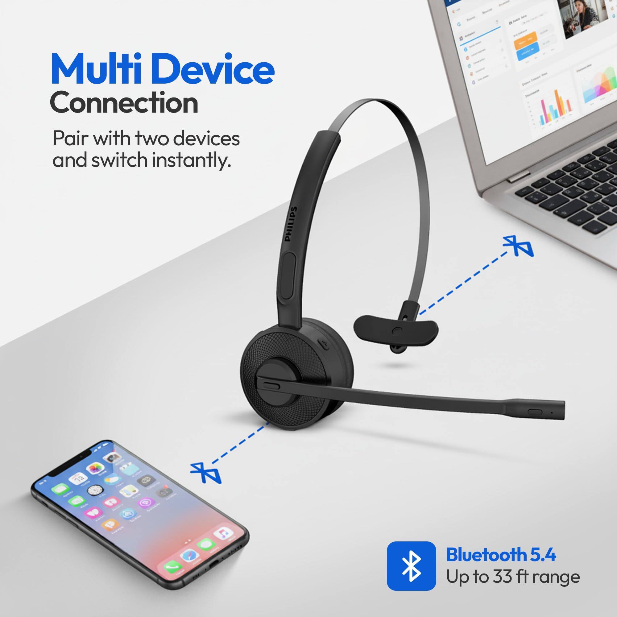 Multi Device Connection  
Pair with two devices and switch instantly.  
PHILIPS  
Bluetooth 5.4  
Up to 33 ft range
