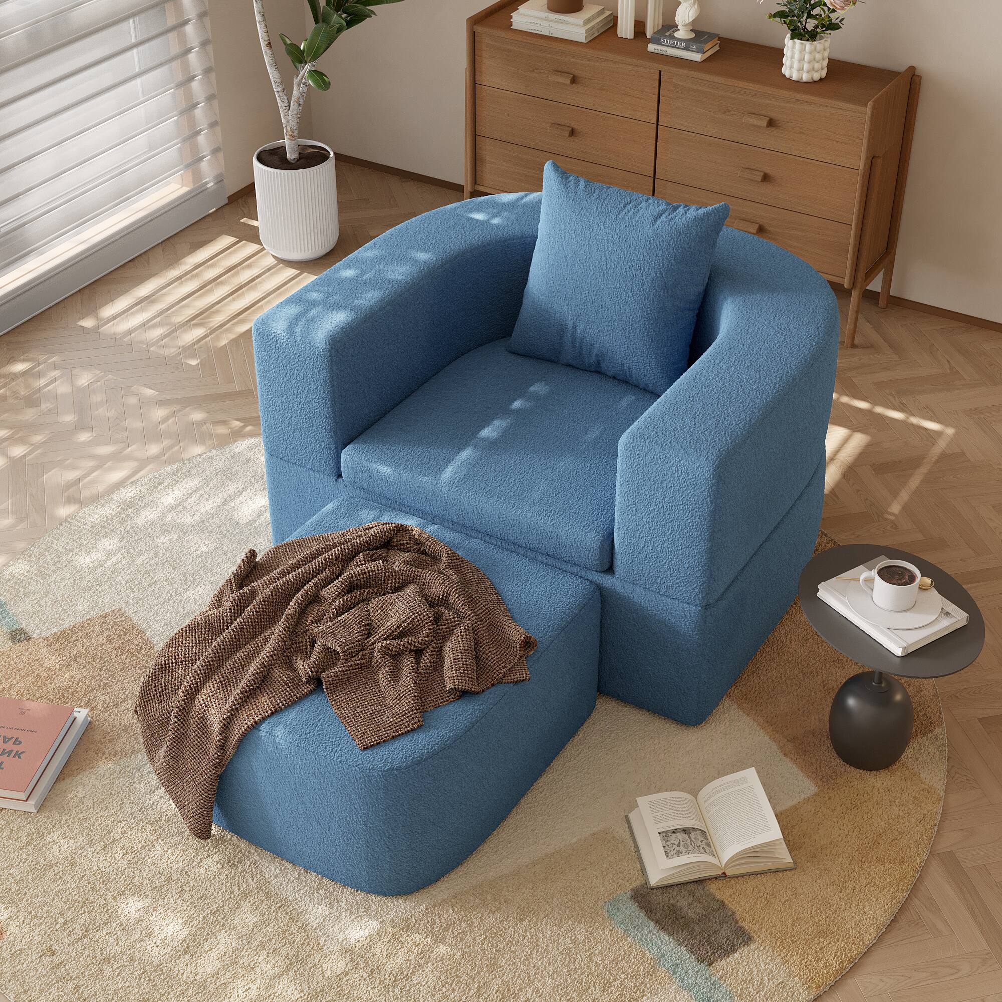 Angle. Yardgrace - Boneless Sofa Chair Lounge Chair for Living Room, Modern Convertible Upholstered Sofa, Comfy Sherpa Leisure Couch - Blue.