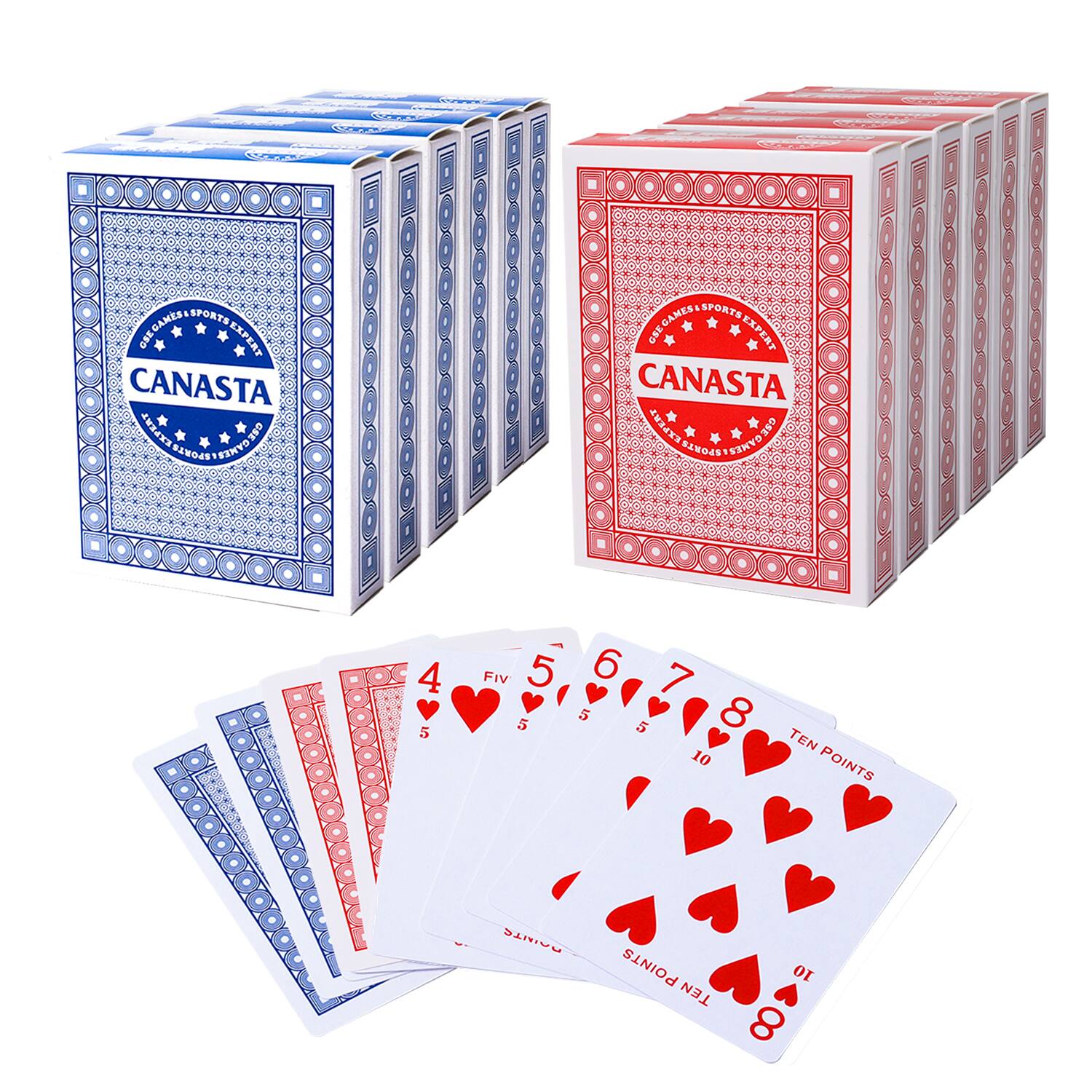GSE Games & Sports Expert - 12-Deck Canasta Cards with Point Values, Included Canasta and Hand & Foot Game Rules - Blue & Red