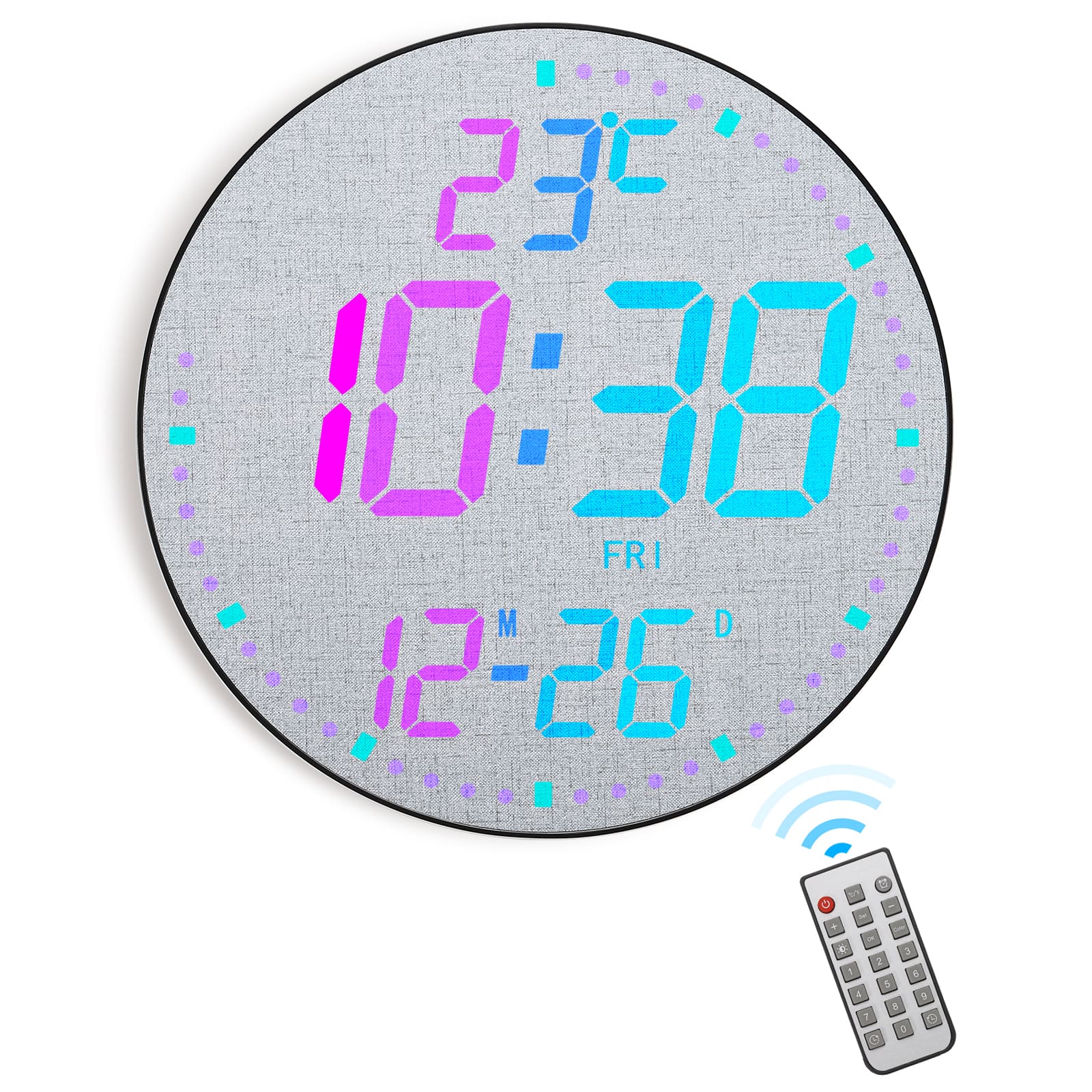 Unique Bargains - 12" Large Digital Wall Mount Clock Count Down Timer Alarm Big LED 12 RGB Color Temperature for Living Room Classroom - Fabric Elements