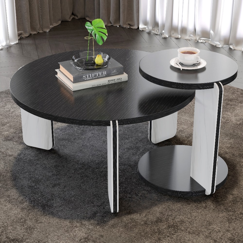 Loheer - Round Coffee Table Set Black Oak Veneer Sintered Stone Legs MDF Side Table Living Room Sofa Table White and Black - White+Black price history on PriceWatchPro