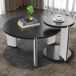 Loheer - Round Coffee Table Set Black Oak Veneer Sintered Stone Legs MDF Side Table Living Room Sofa Table White and Black - White+Black
