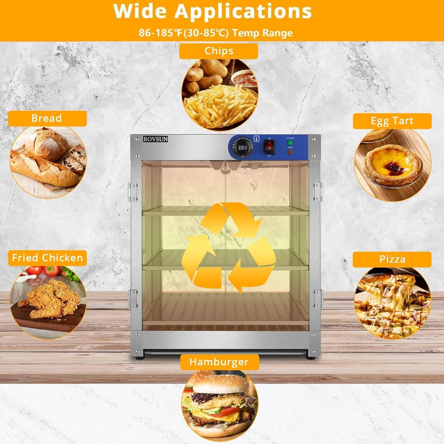Wide Applications  
86-185°F (30-85°C) Temp Range  

- Chips  
- Bread  
- Fried Chicken  
- Hamburger  
- Pizza  
- Egg Tart