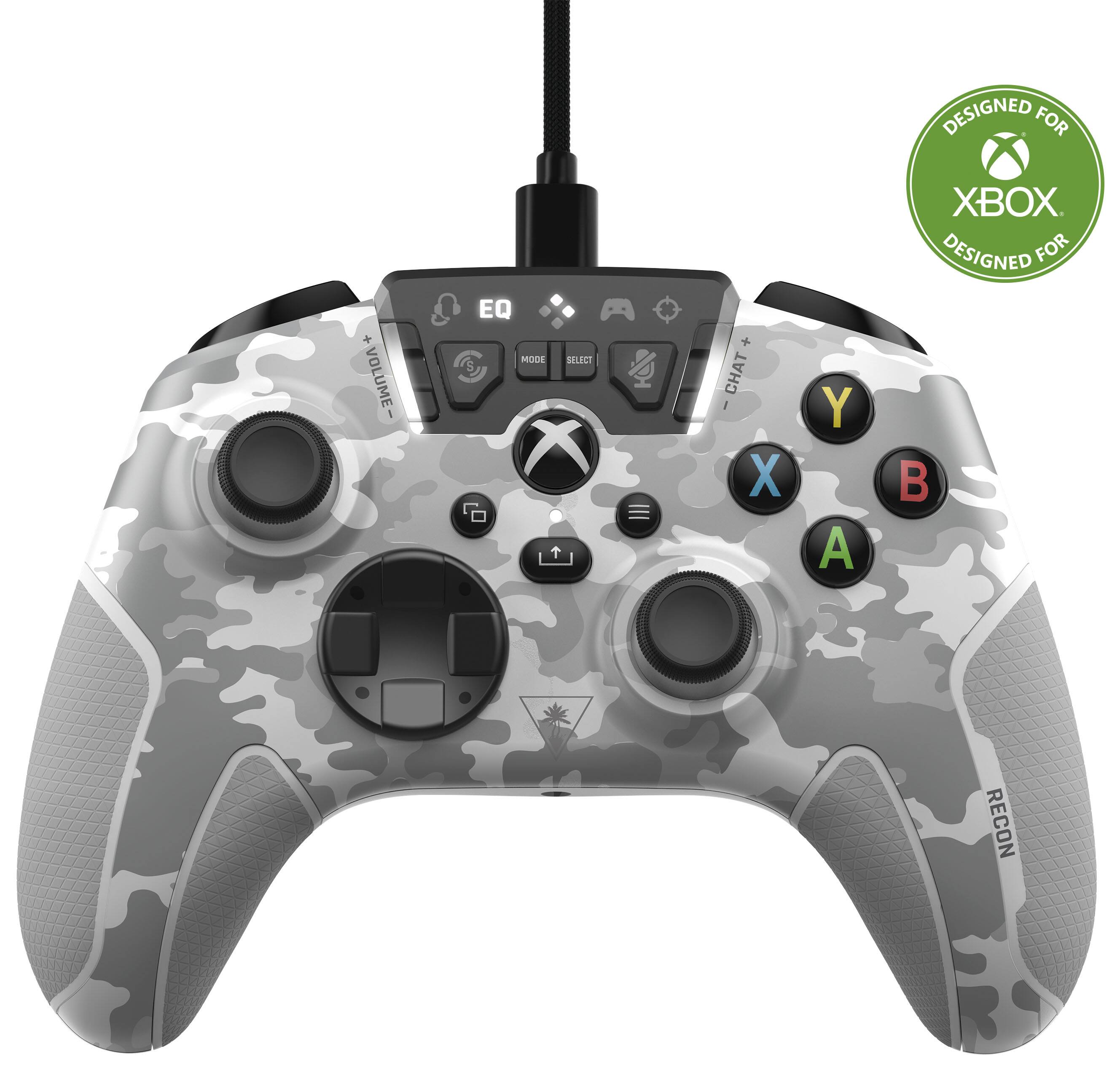 Designed for Xbox, the Recon controller features a camouflage pattern and is equipped with a built-in speaker and a 3.5mm headset jack for an immersive gaming experience. The controller also includes a volume-equ mode, chat, and X and Y buttons for added functionality.