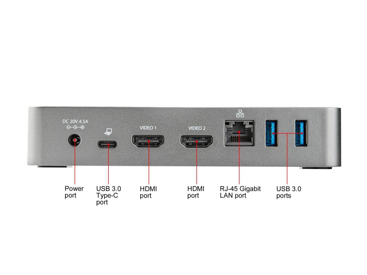 DC 20V 4.5A

VIDEO 1
VIDEO 2

Power port
USB 3.0 Type-C port
HDMI port
HDMI port
RJ-45 Gigabit LAN port
USB 3.0 ports
