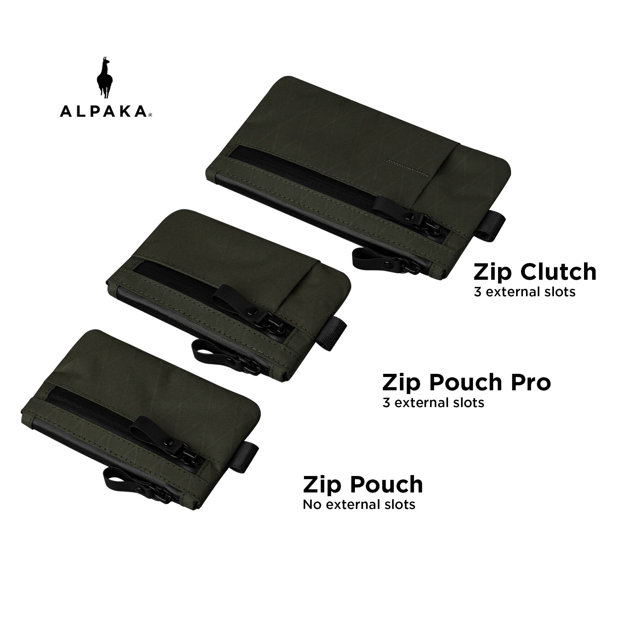 ALPAKA

Zip Clutch  
3 external slots

Zip Pouch Pro  
3 external slots

Zip Pouch  
No external slots