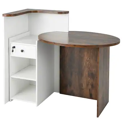 Front. Ecooso - Front Reception Desk with Lockable Drawer, Office Counter with Open Shelf for Business Use - Rustic Brown.