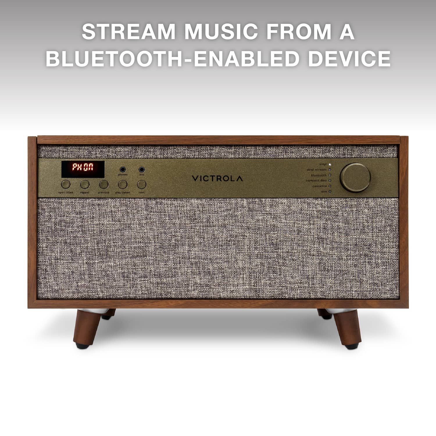 Stream music from a Bluetooth-enabled device with the Victrola my-iPod speaker. This device allows you to connect your iPod or other Bluetooth-enabled devices and enjoy your favorite tunes.
