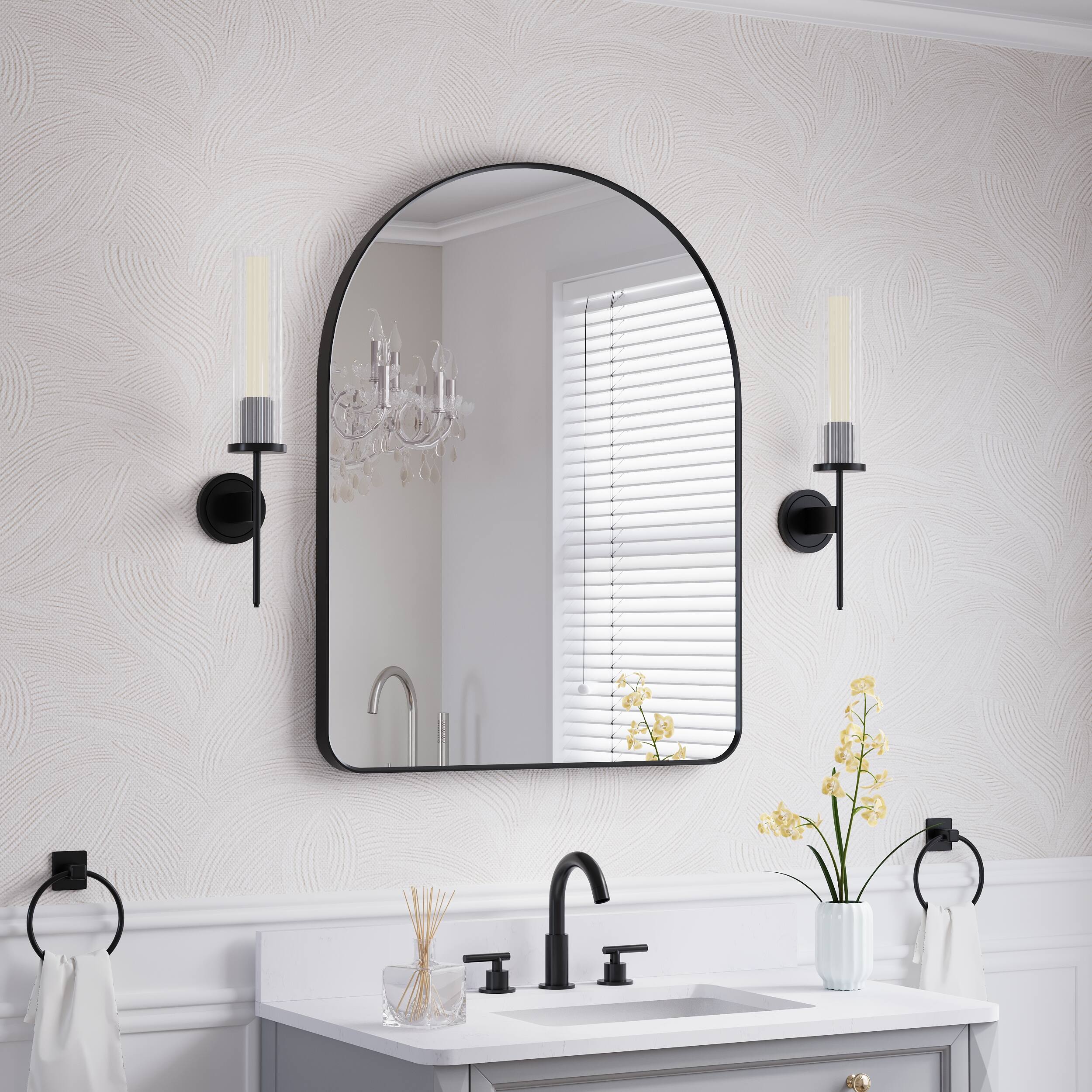 Left. WELLFOR - 28 in. W x 36 in. H Arch Anodized Aluminum Framed Bathroom Vanity Mirror - Matte Black.