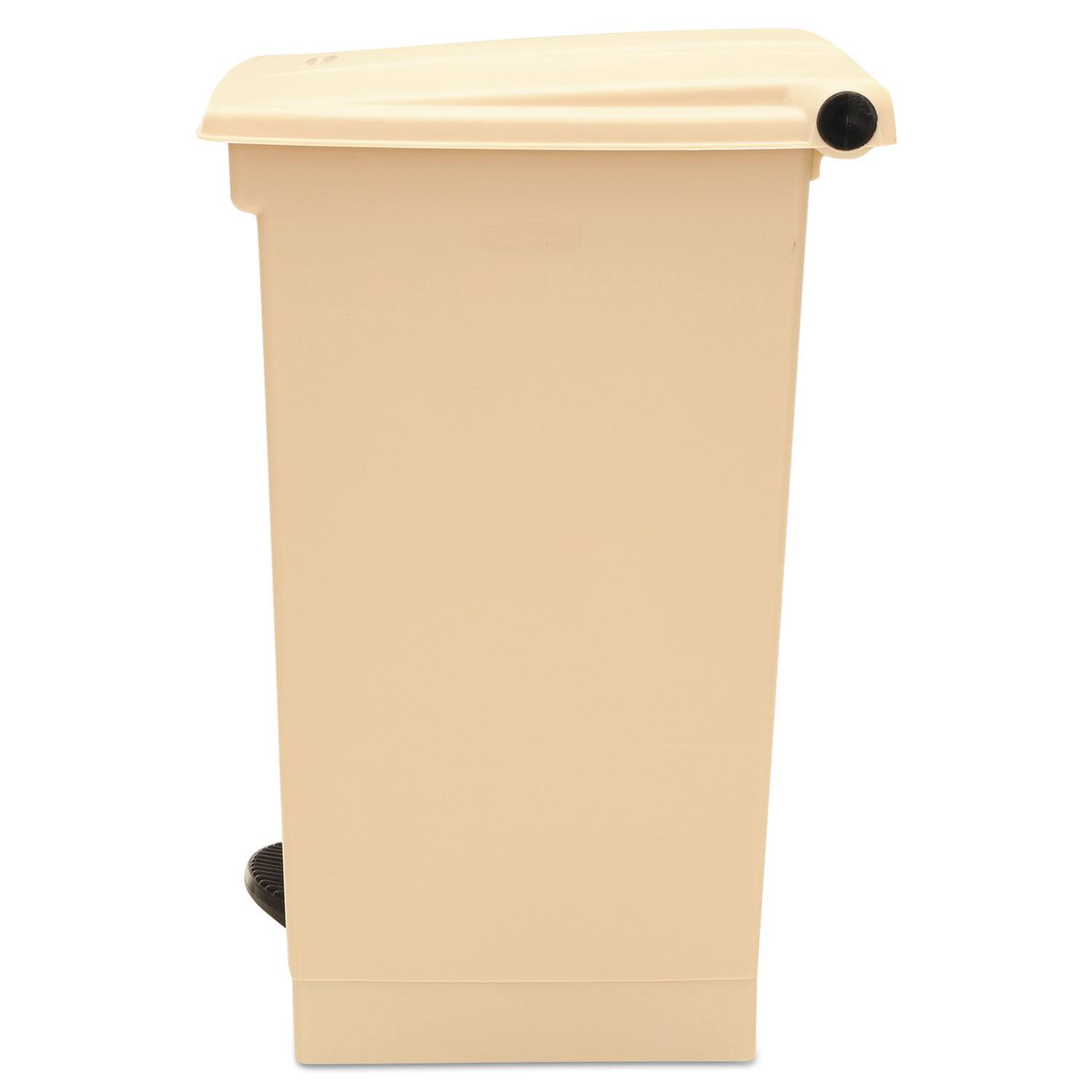 Angle. RubberMaid - Indoor Utility Step-On Waste Container, 12 gal, Plastic, Beige.