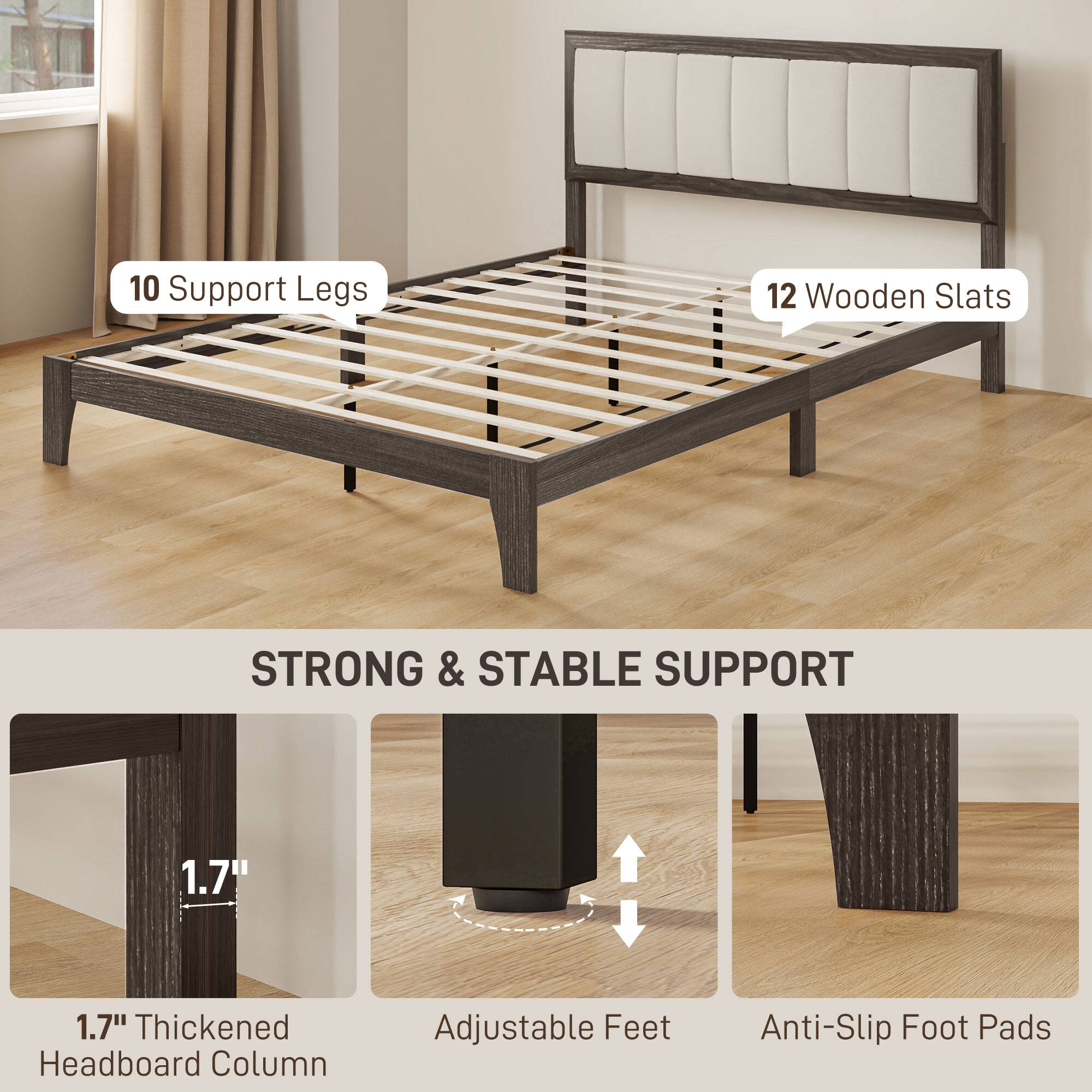 10 Support Legs, 12 Wooden Slats, STRONG & STABLE SUPPORT, 1.7" Thickened Headboard Column, Adjustable Feet, Anti-Slip Foot Pads