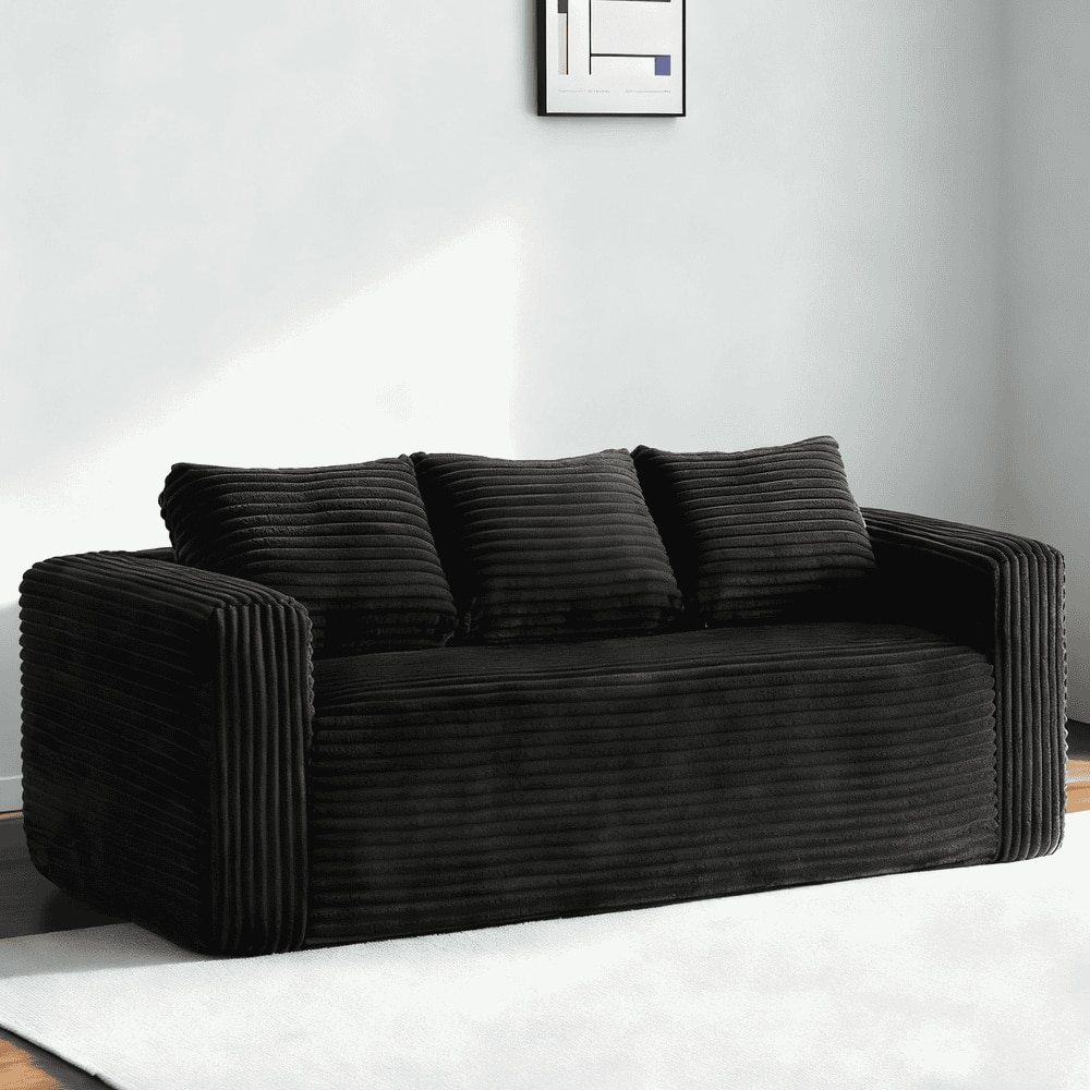 Resenkos - 3-Seater Cloud Loveseat Sofa in a Box, Corduroy Memory Foam, No Assembly, Black - Black